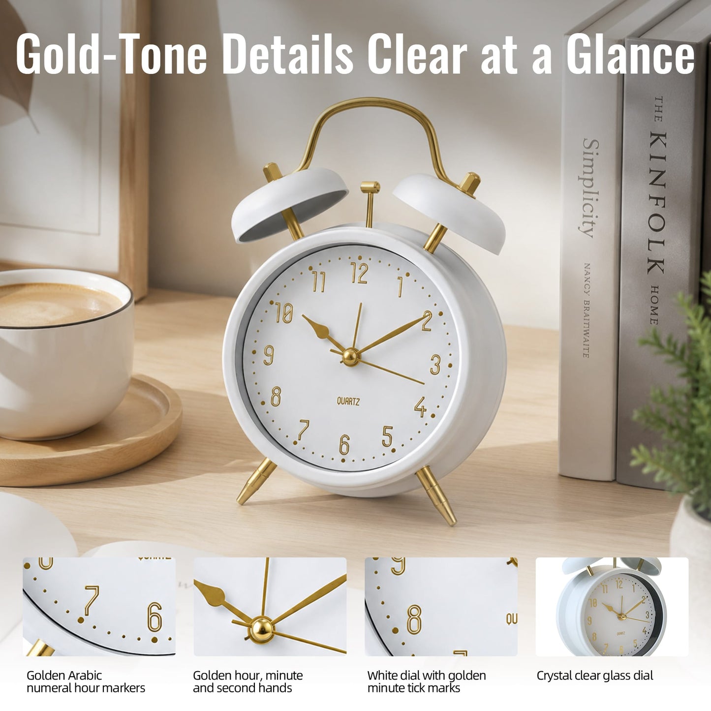 Living Today Clevinger Classic White &amp; Gold Twin Bell Alarm Clock | 16cm