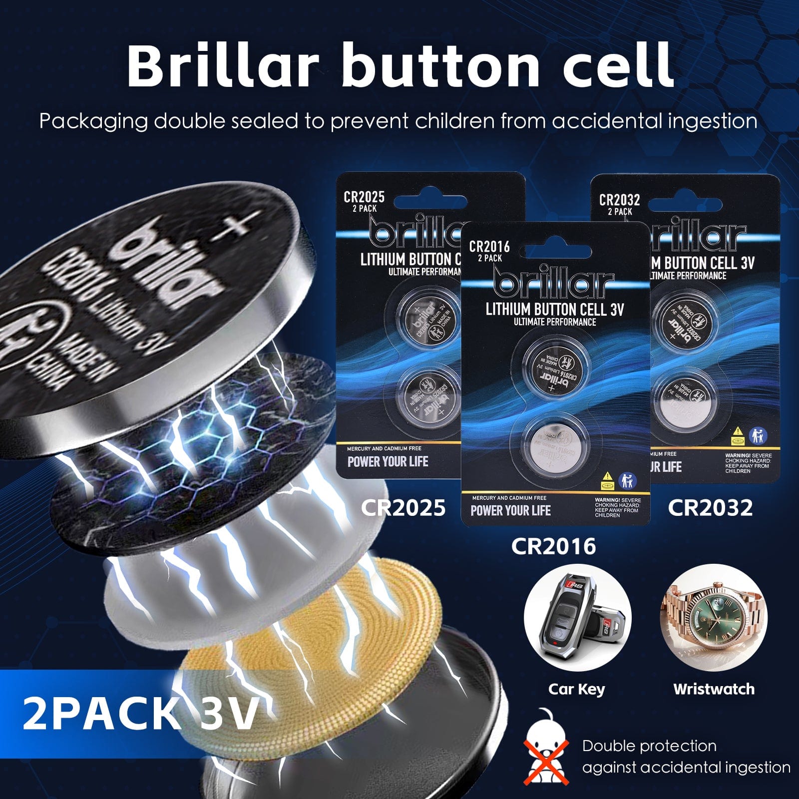 Brillar General Purpose Batteries 2 Pcs Brillar CR2032 Lithium Button Cell