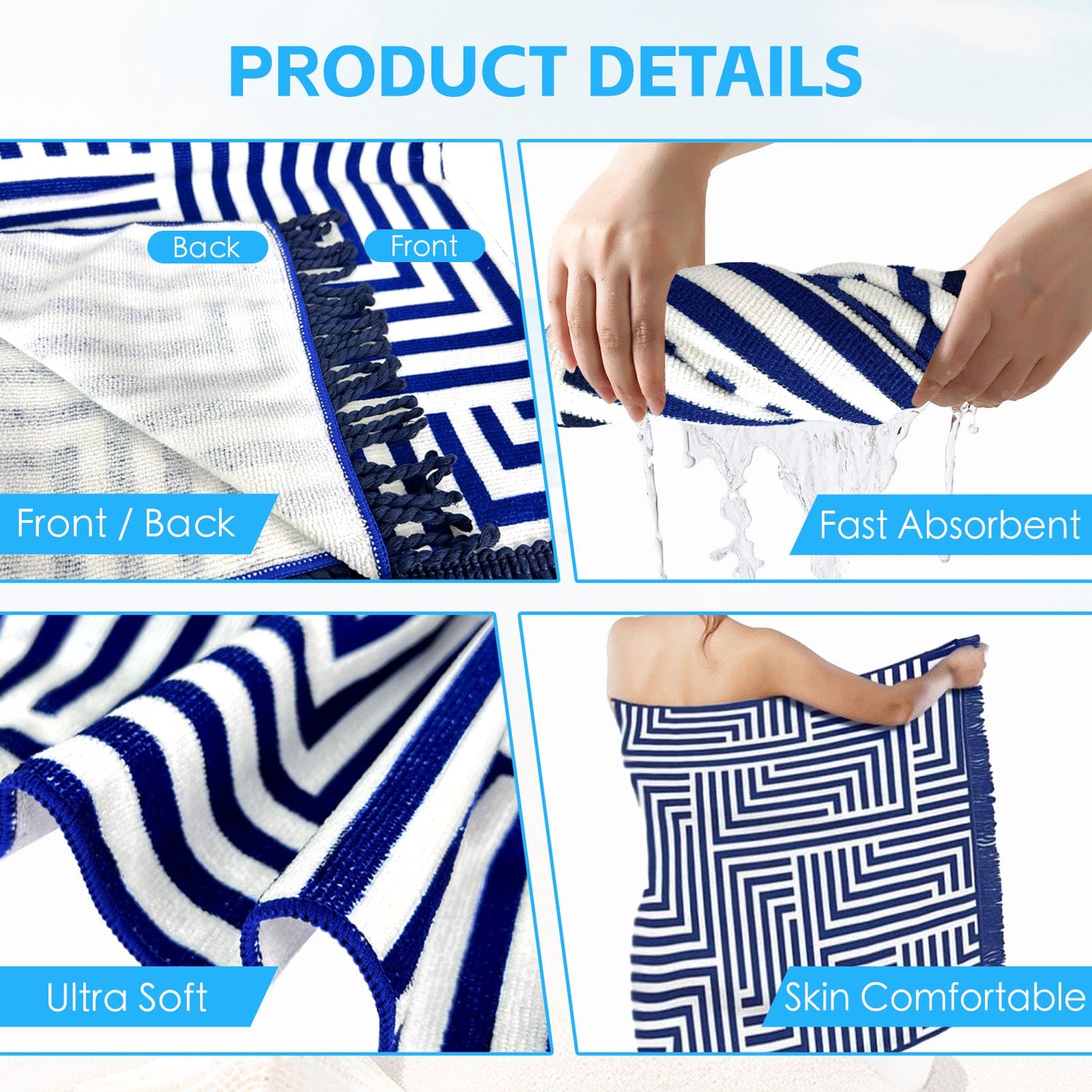 Lazy Dayz towel Rectangular Quick Dry Beach Towel with Tassel - Blue