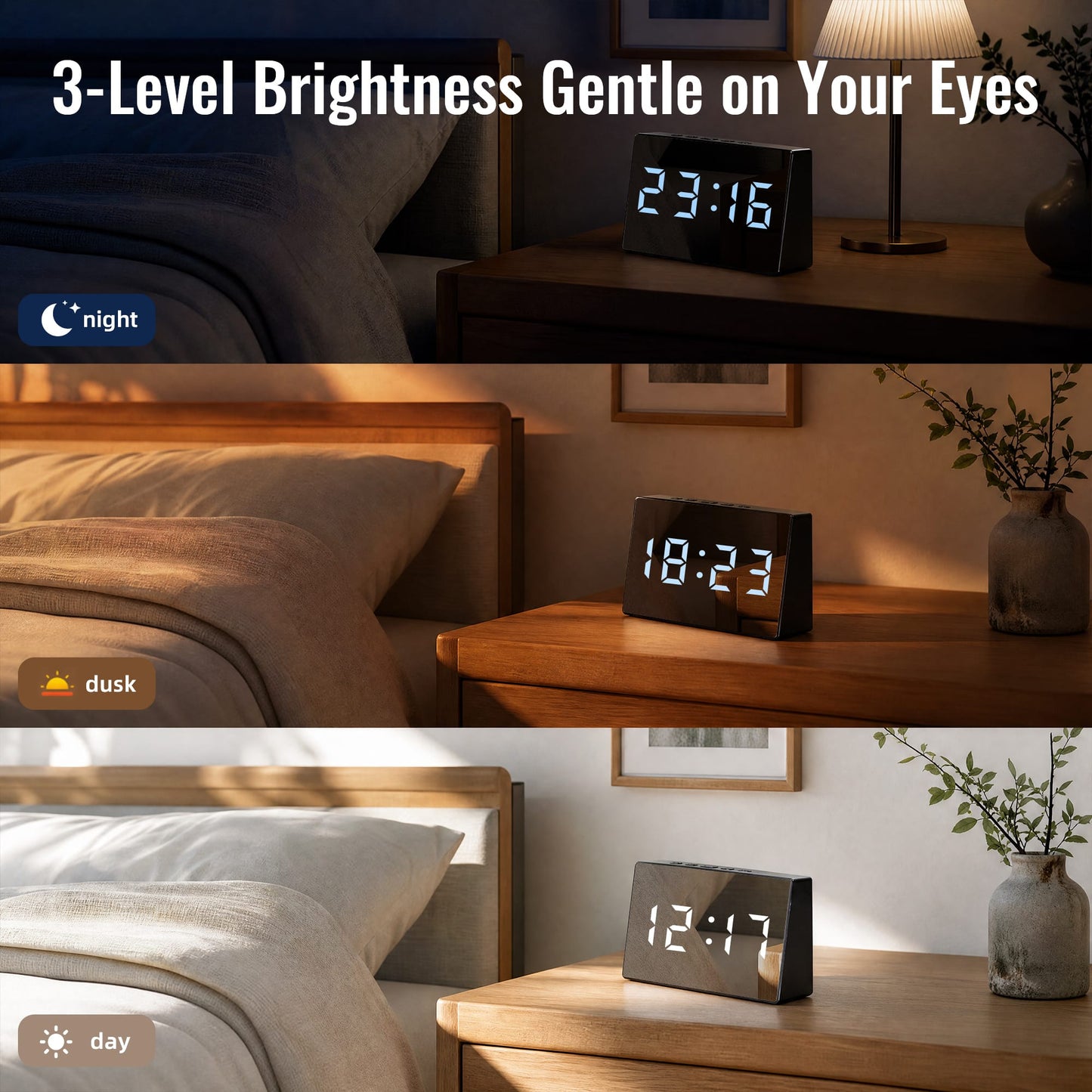 Living Today Clevinger Black LED Mirror Alarm Clock with Snooze | 13cm