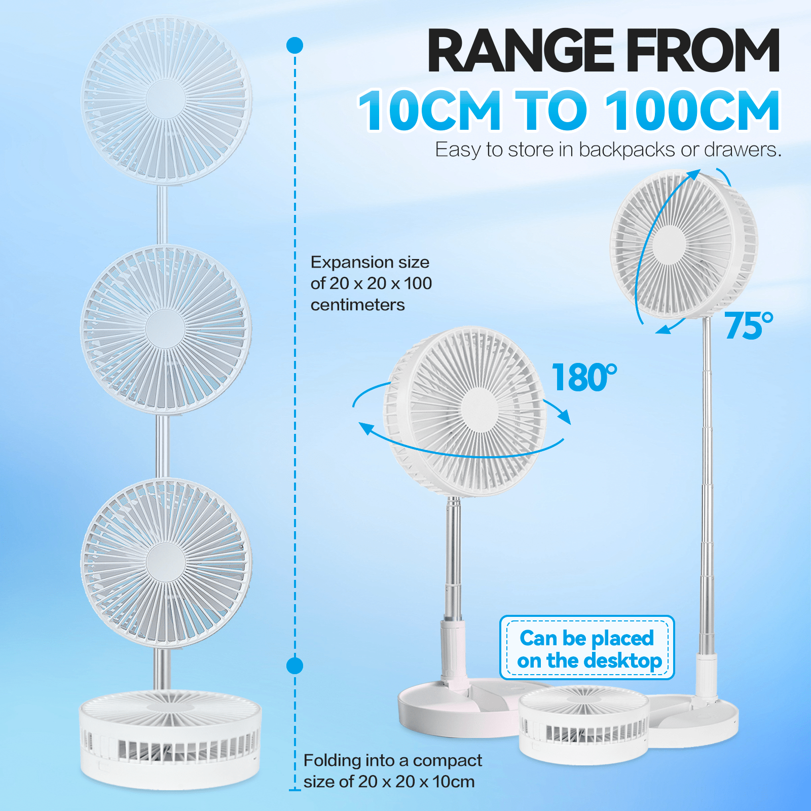 Living Today Fans Folding Telescopic 4.5W Portable Height/Tilt Adjustable Rechargeable Cordless Fan