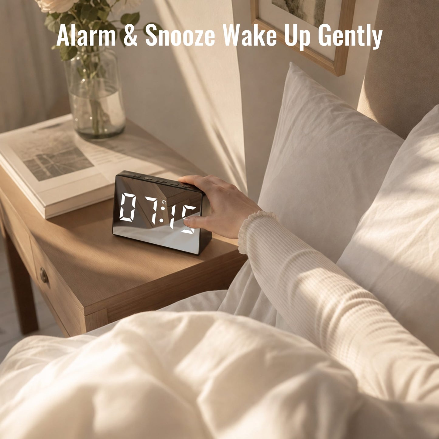 Living Today Clevinger Black LED Mirror Alarm Clock with Snooze | 13cm