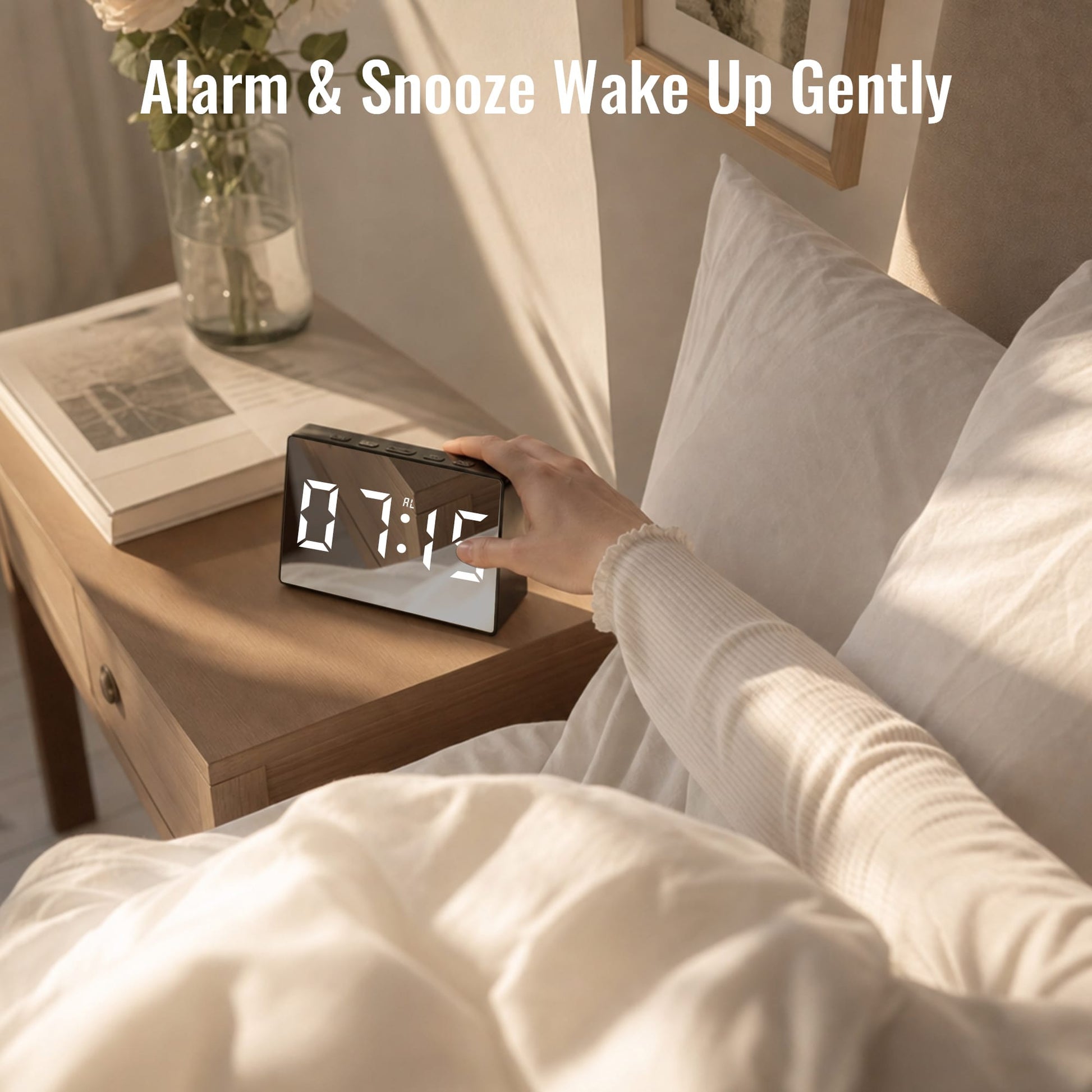 Living Today Clevinger Black LED Mirror Alarm Clock with Snooze | 13cm