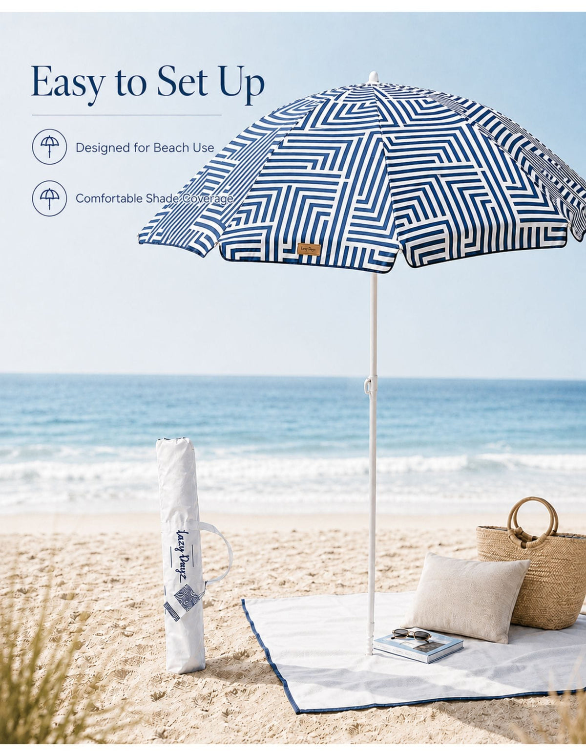 Lazy Dayz Beach Accessories Lazy Dayz 1.8m Tiltable Beach Umbrella with Carry Bag - Makena