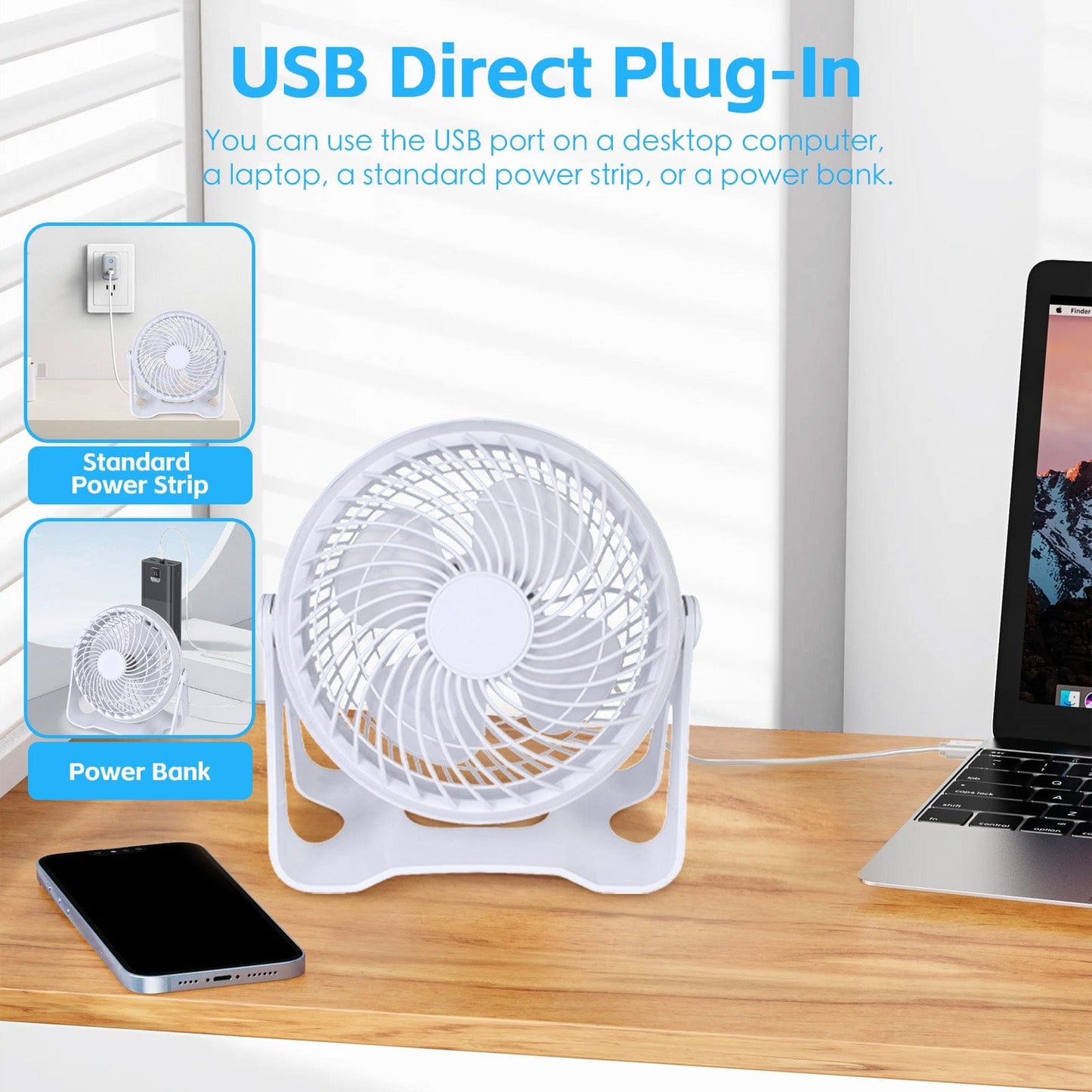 Living Today USB Powered Desk Fan – Portable 2-Speed Adjustable Angle Cooling Fan (White)
