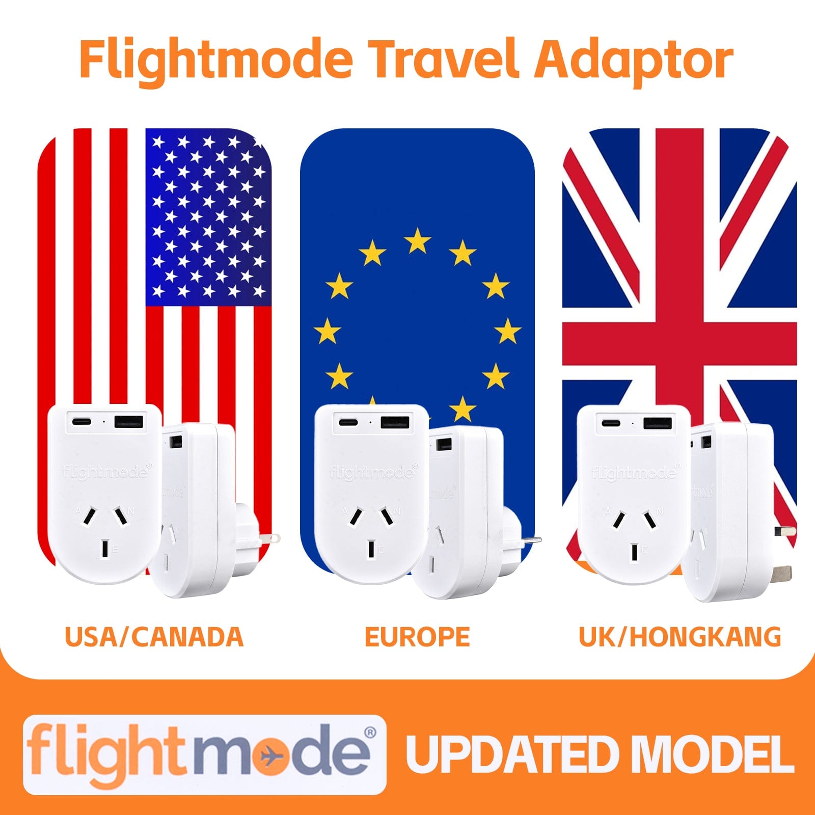 Flightmode travel adptor Flightmode Outbound AU/NZ to USA/CANADA Travel Adaptor with USB Type C & A
