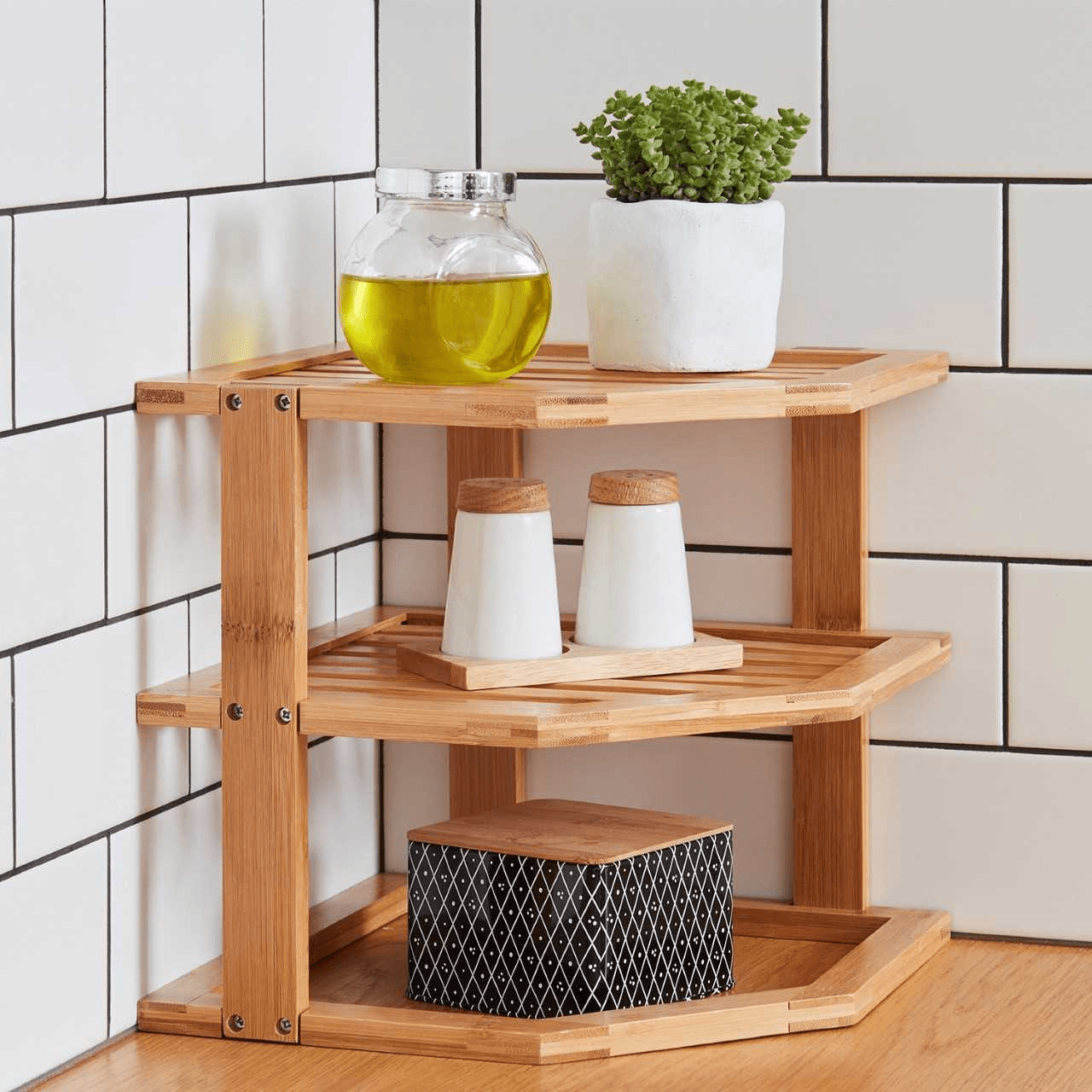 Fandcy kitchenware Kitchen Corner Shelf - Bamboo 3-Tier Kitchen Corner Shelf Storage Cabinet & Pantry Kitchen Organization x2