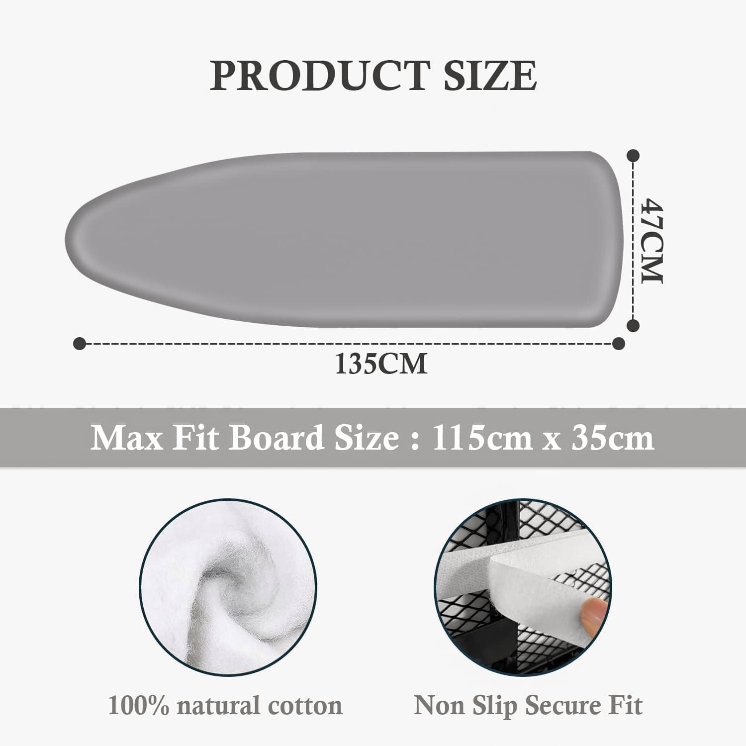Clevinger Ironing Boards Clevinger Ultra Thick Heat Retaining Felt Ironing Iron Board Cover Easy Fitted - Cover only-Metallic Gray
