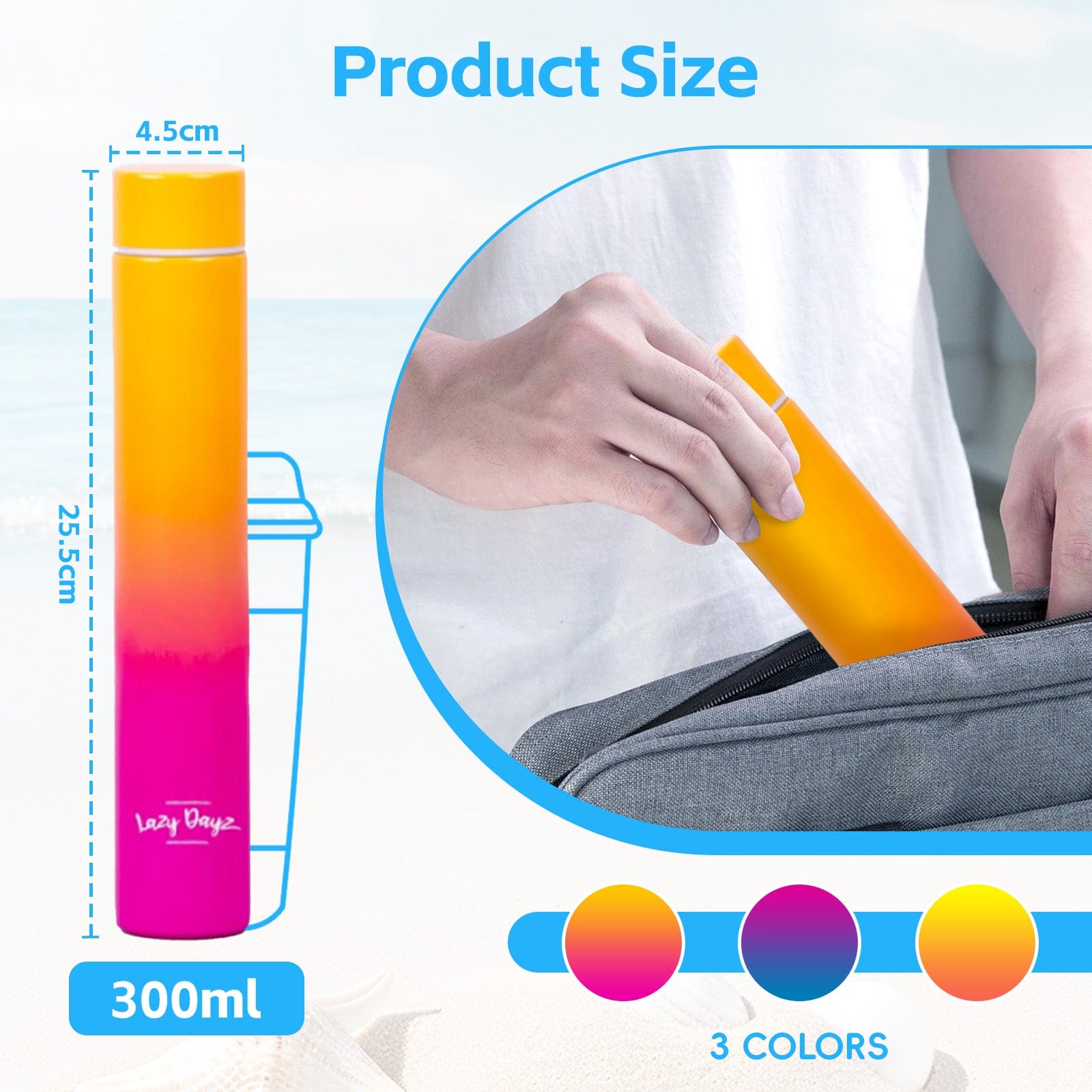 Lazy Dayz Hydration Lazy Dayz 300ml Slimline Insulated Drink Bottle - Orange Pink Ombre
