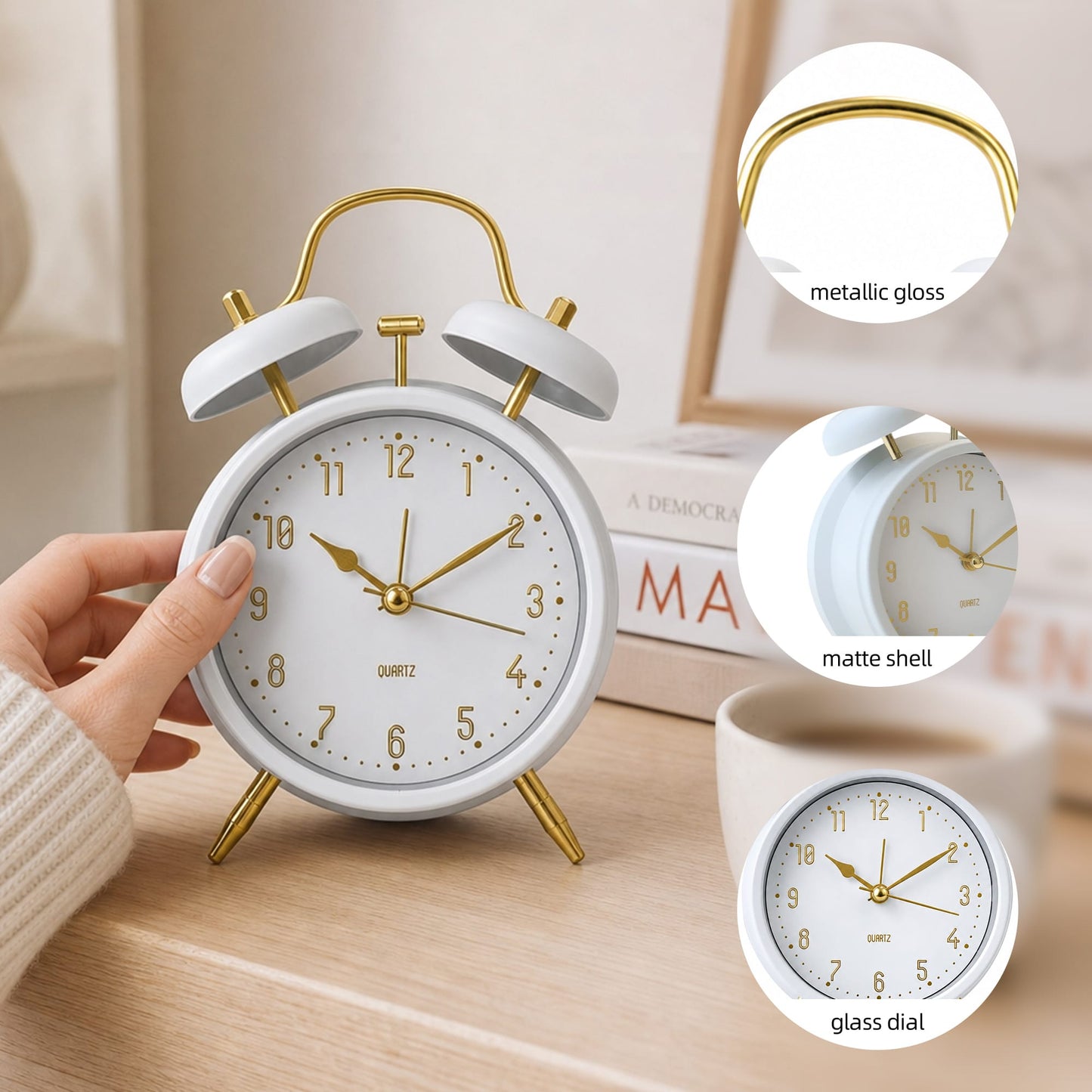 Living Today Clevinger Classic White &amp; Gold Twin Bell Alarm Clock | 16cm