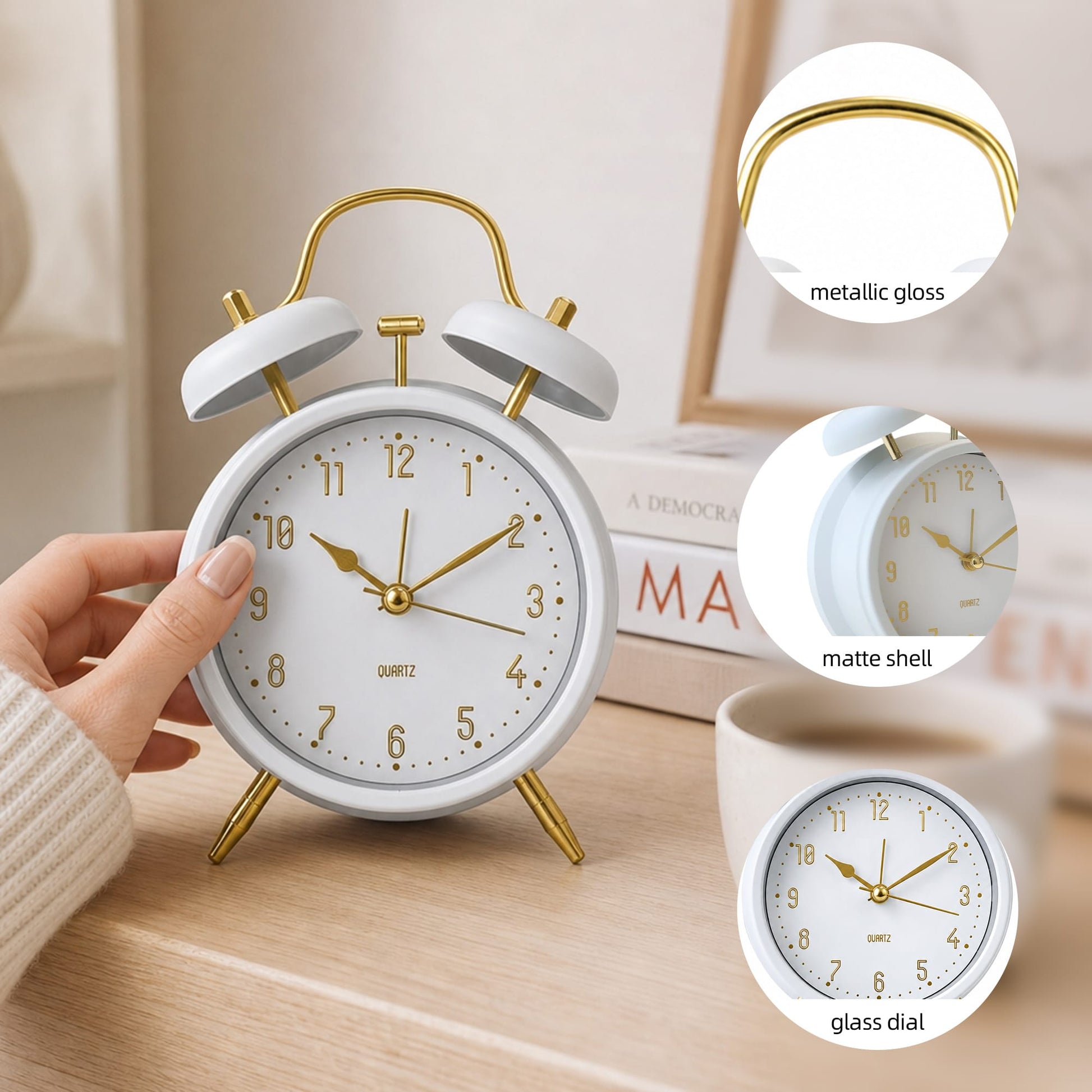 Living Today Clevinger Classic White &amp; Gold Twin Bell Alarm Clock | 16cm