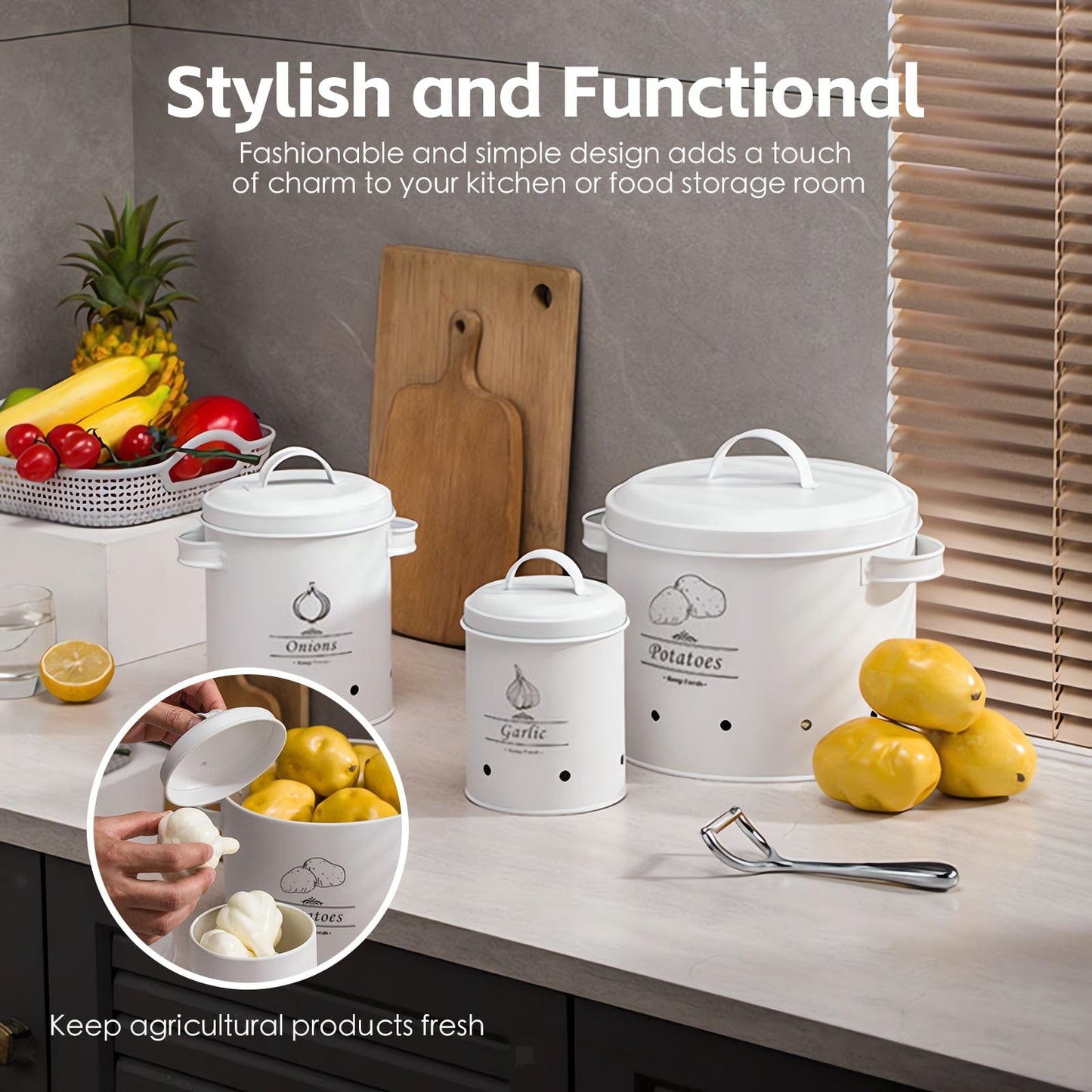 Clevinger Kitchen 3 Pcs Galvanised Iron Fruit Vegetable Storage Tins