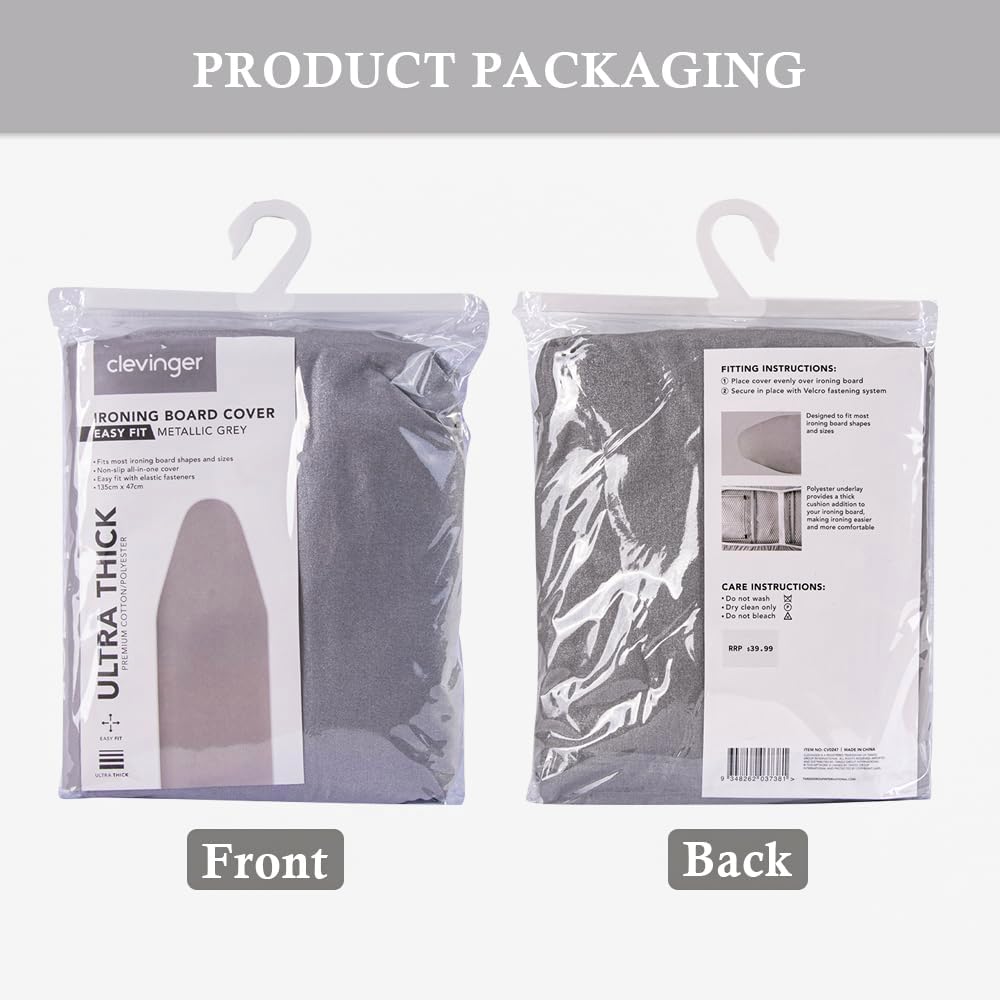 Clevinger Ironing Boards Clevinger Ultra Thick Heat Retaining Felt Ironing Iron Board Cover Easy Fitted - Cover only-Metallic Gray