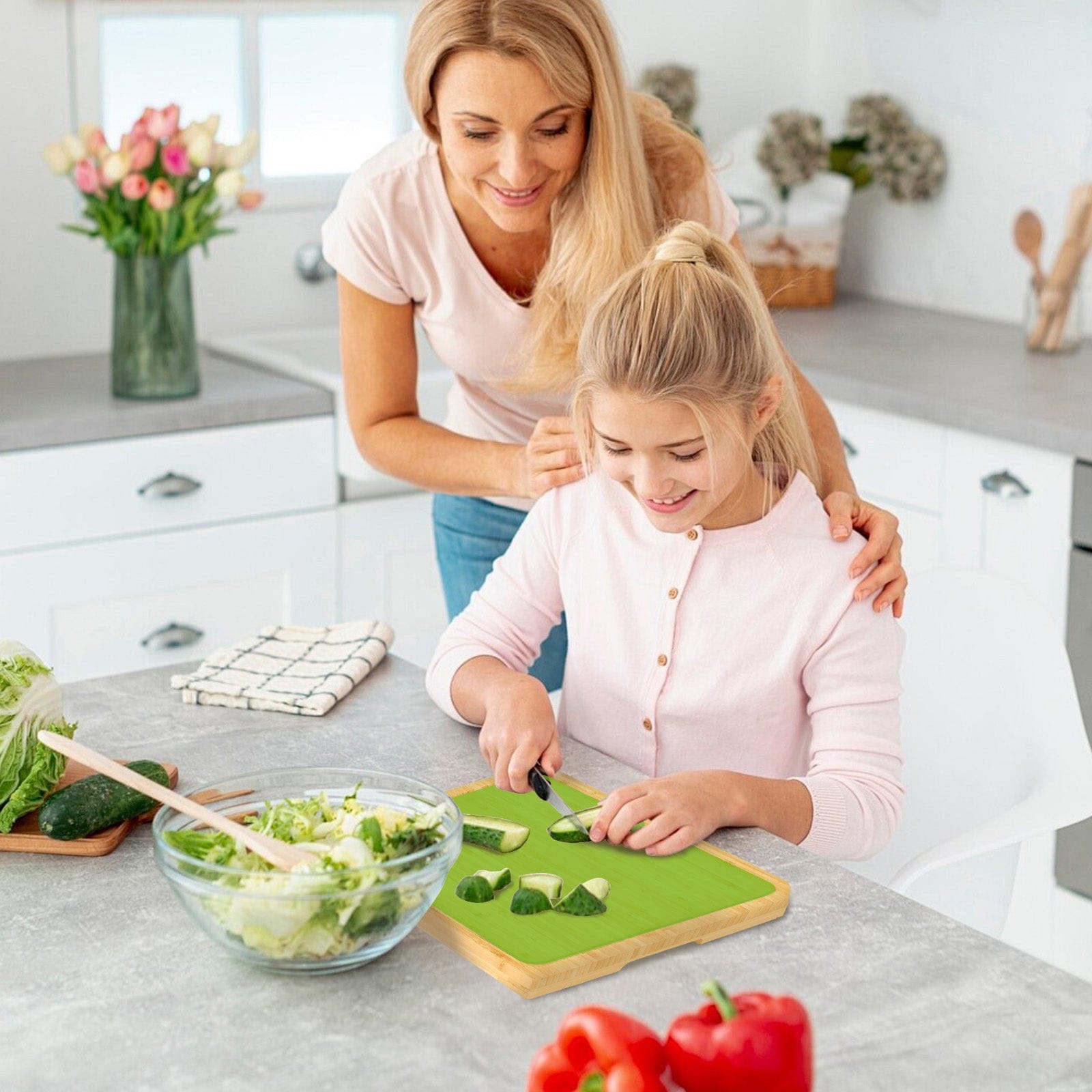 Living Today chopping board Bamboo Chopping Board with set of 5 Color-Coded Flexible Cutting Mats