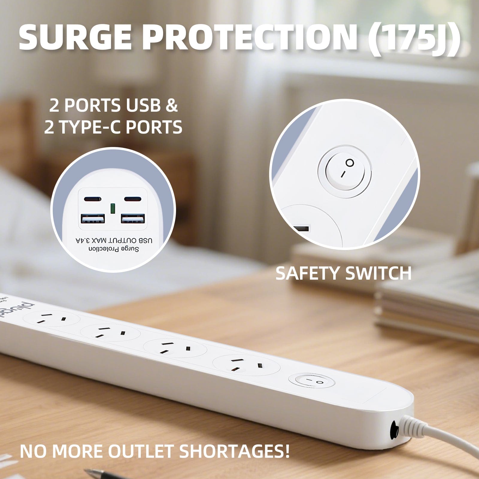 plugd powerboard Plugd 2 USB A + 2 USB C 240V 10A Powerboard with 【Surge Protection】