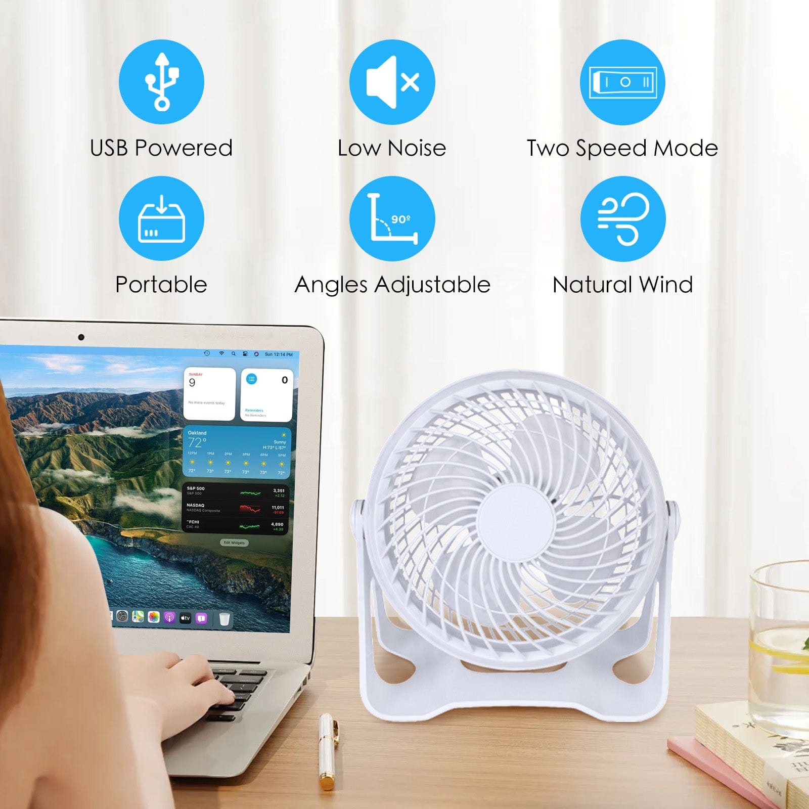 Living Today USB Powered Desk Fan – Portable 2-Speed Adjustable Angle Cooling Fan (White)