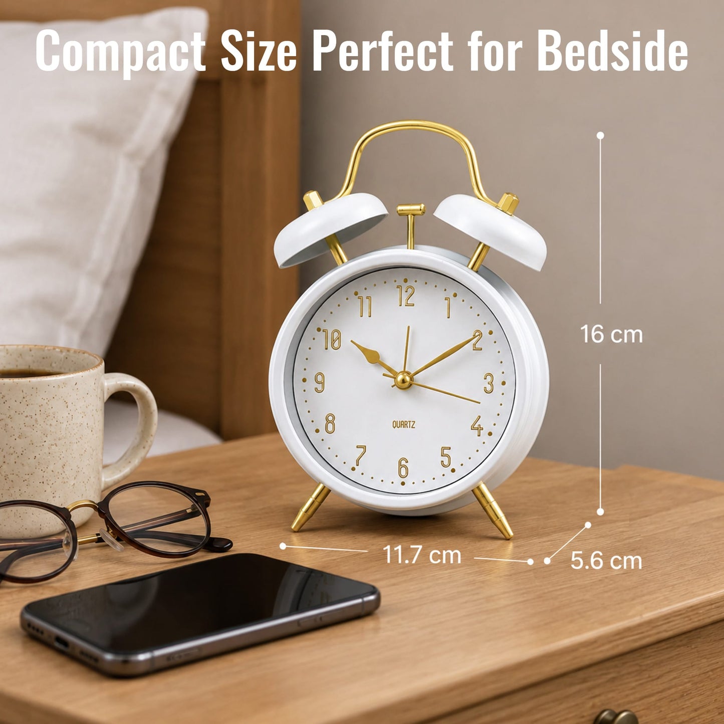 Living Today Clevinger Classic White &amp; Gold Twin Bell Alarm Clock | 16cm