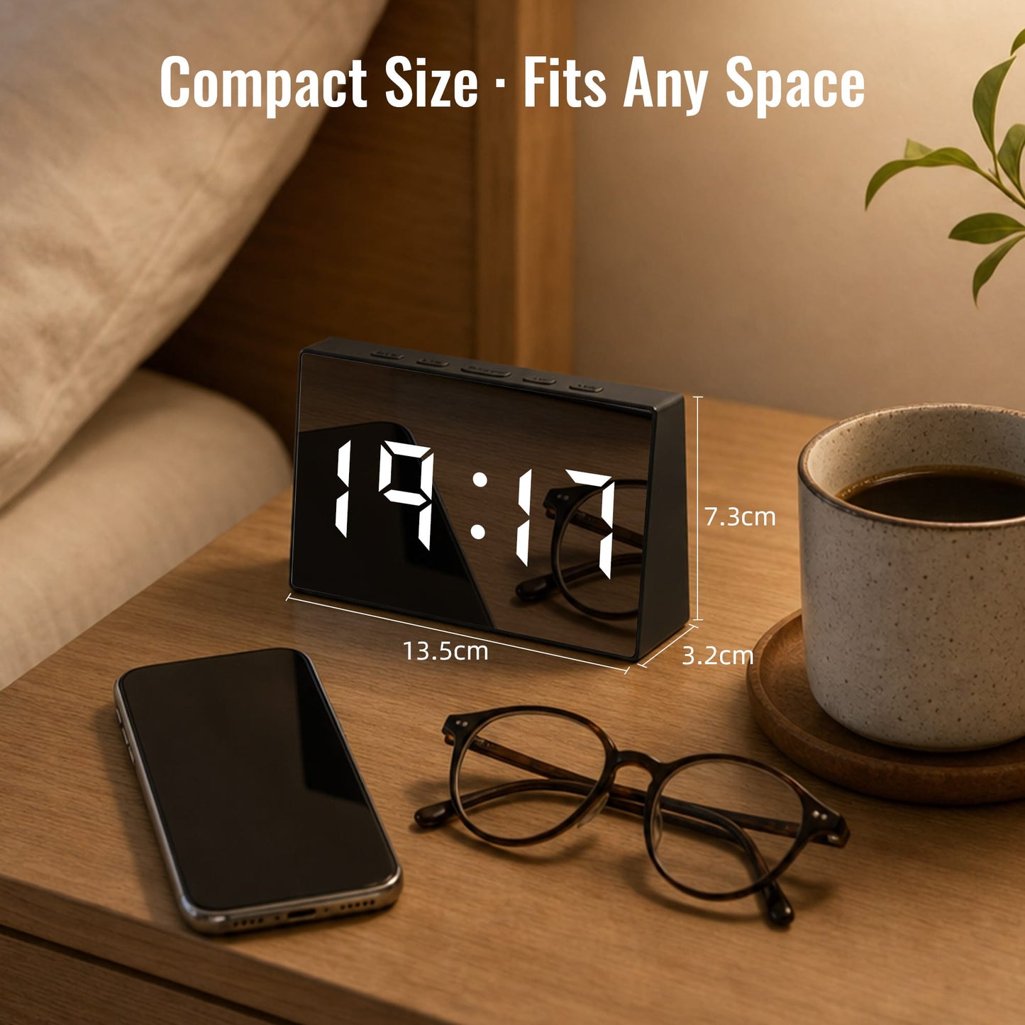 Living Today Clevinger Black LED Mirror Alarm Clock with Snooze | 13cm