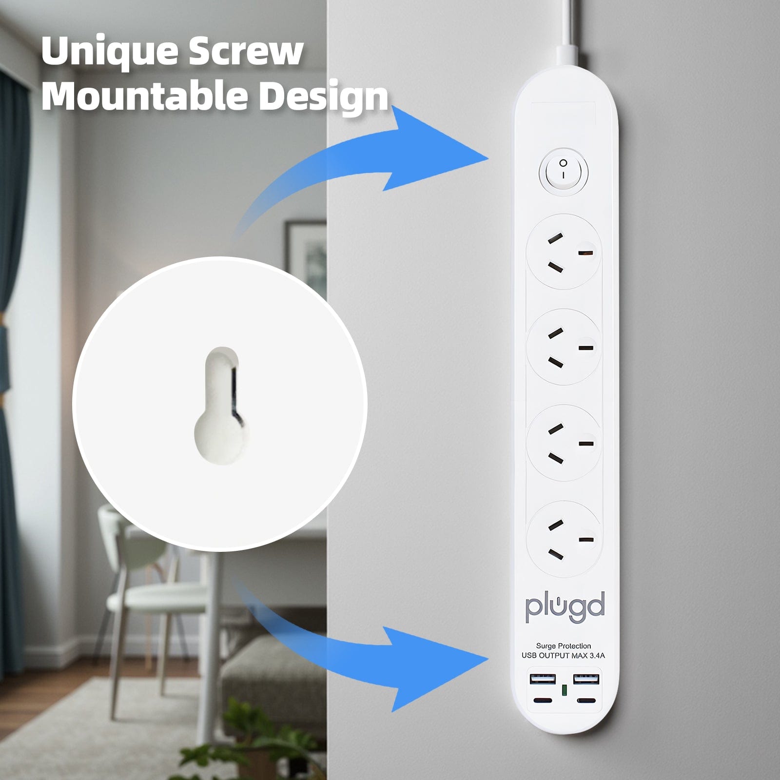 plugd powerboard Plugd 2 USB A + 2 USB C 240V 10A Powerboard with 【Surge Protection】