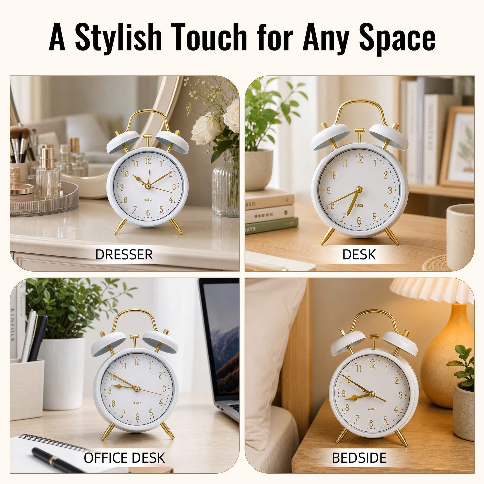 Living Today Clevinger Classic White &amp; Gold Twin Bell Alarm Clock | 16cm