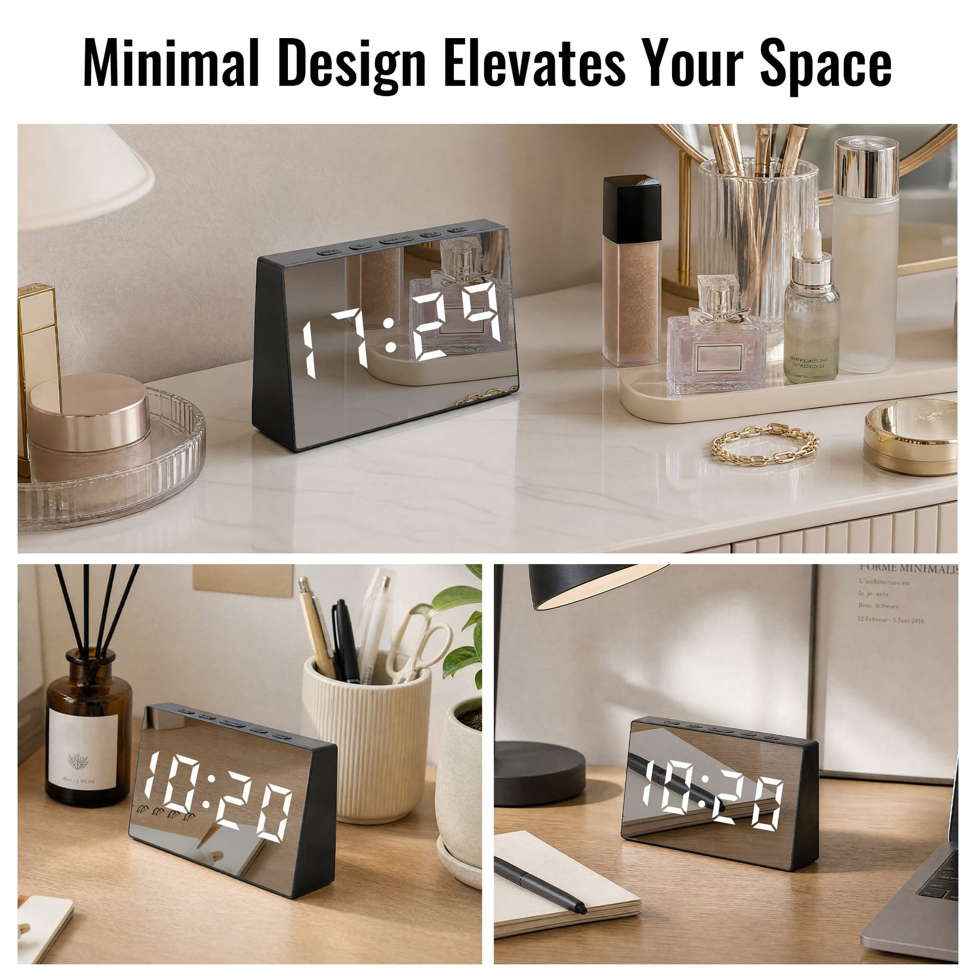 Living Today Clevinger Black LED Mirror Alarm Clock with Snooze | 13cm