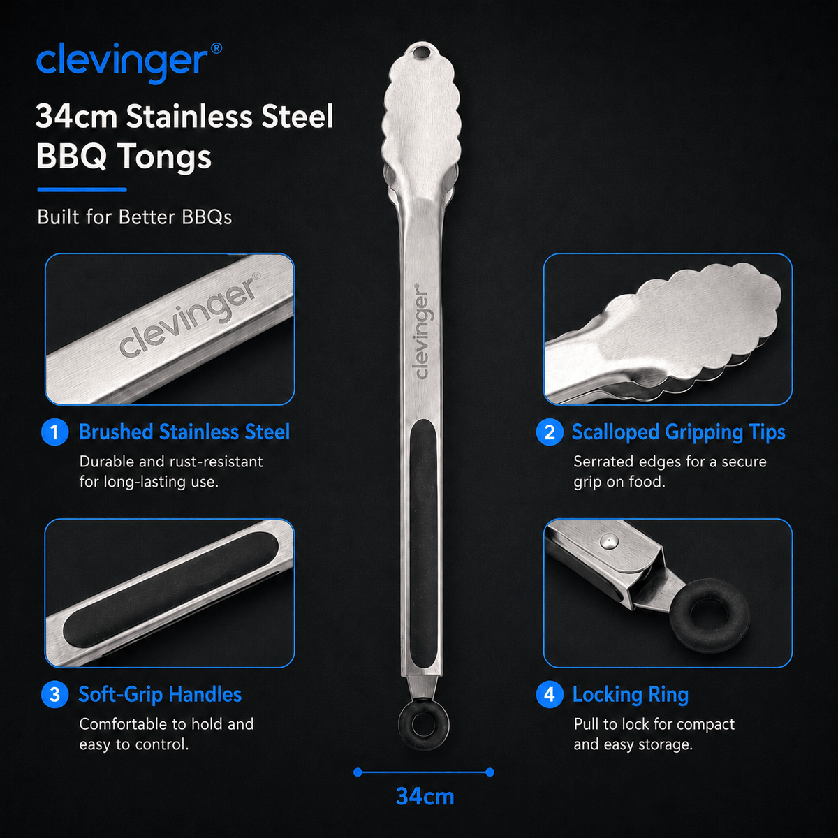 Living Today 34cm Stainless Steel BBQ Tongs