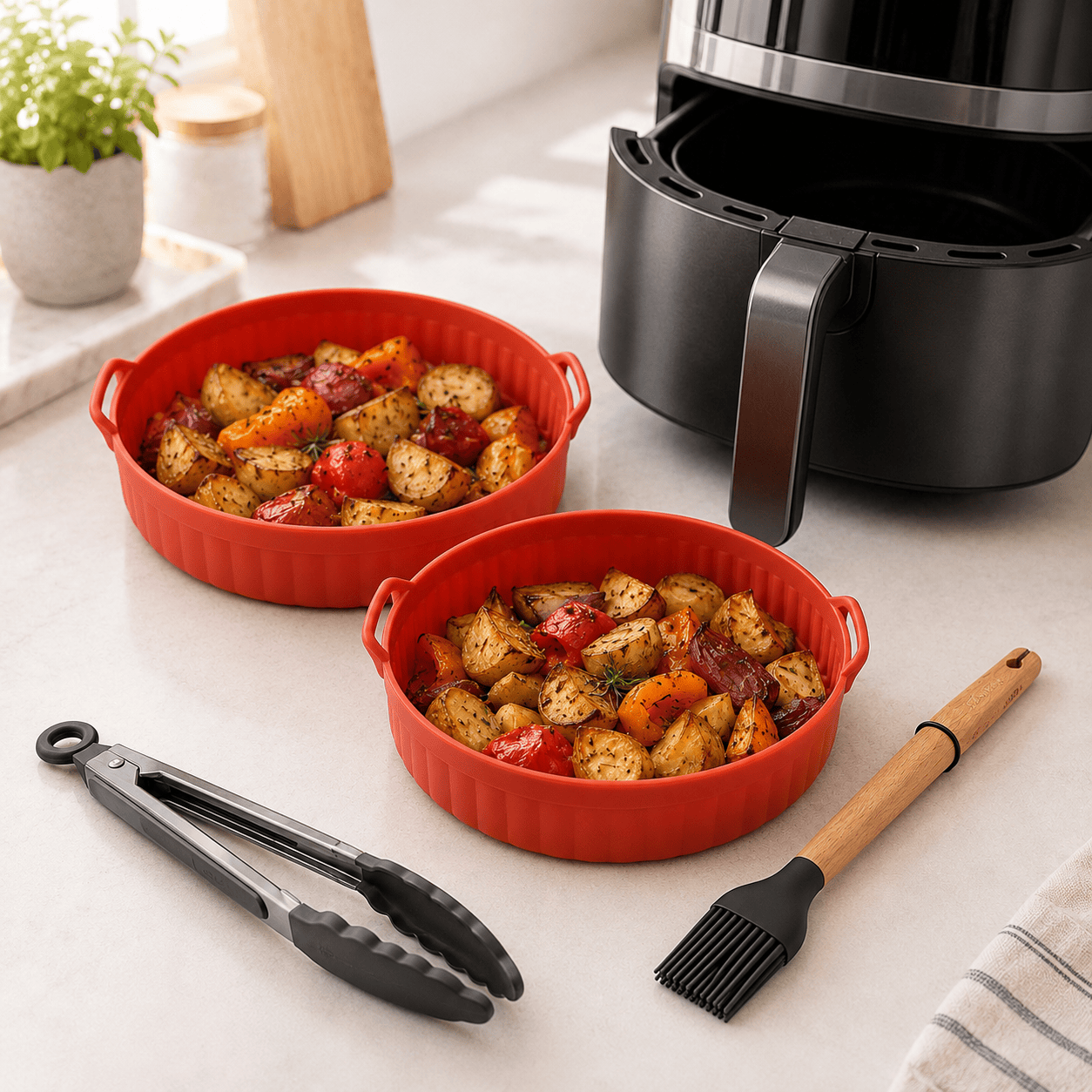 Living Today 4 Pcs Air Fryer Accessories Set with Round Silicone Liner, Tongs & Basting Brush