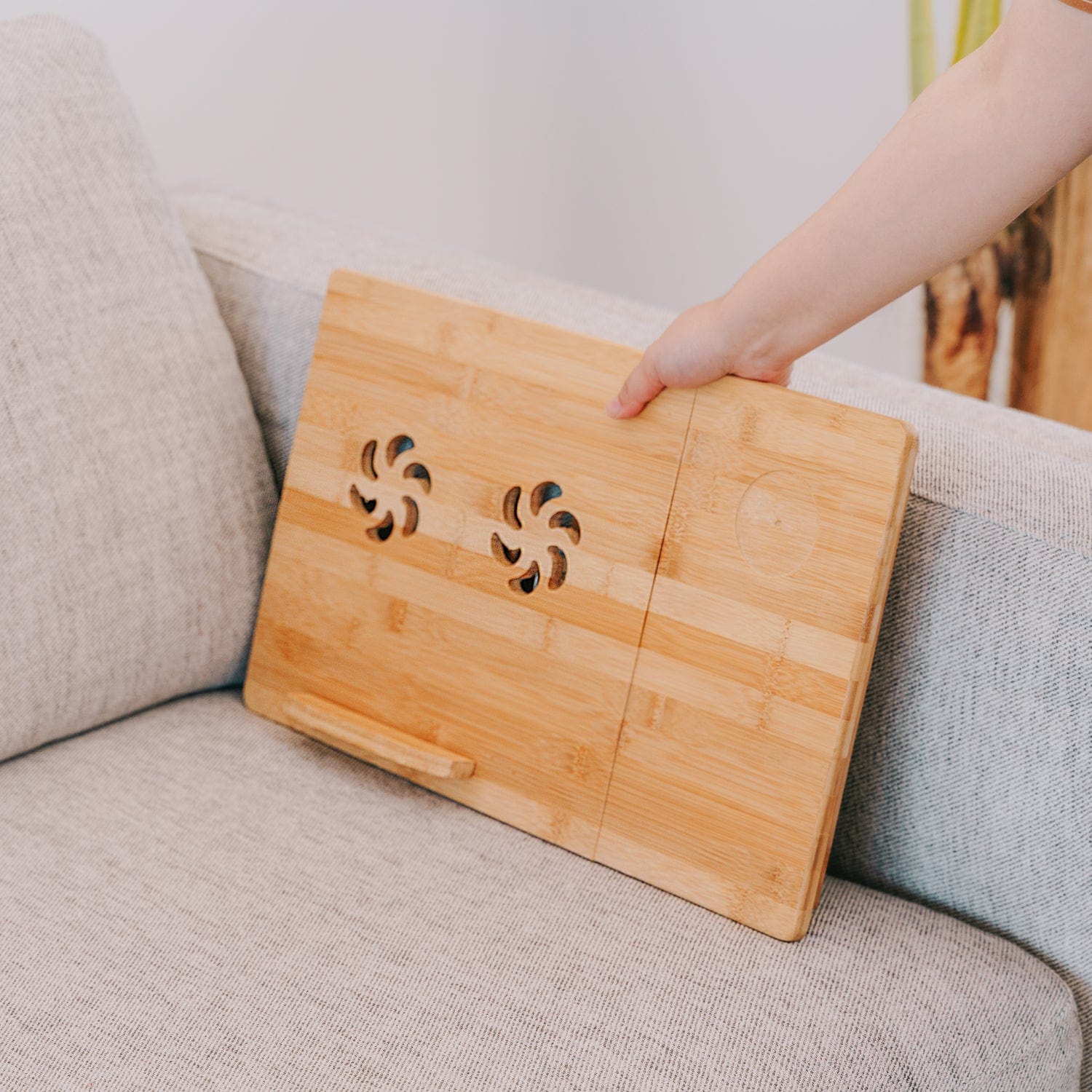 Bamboo laptop table on sale with fan