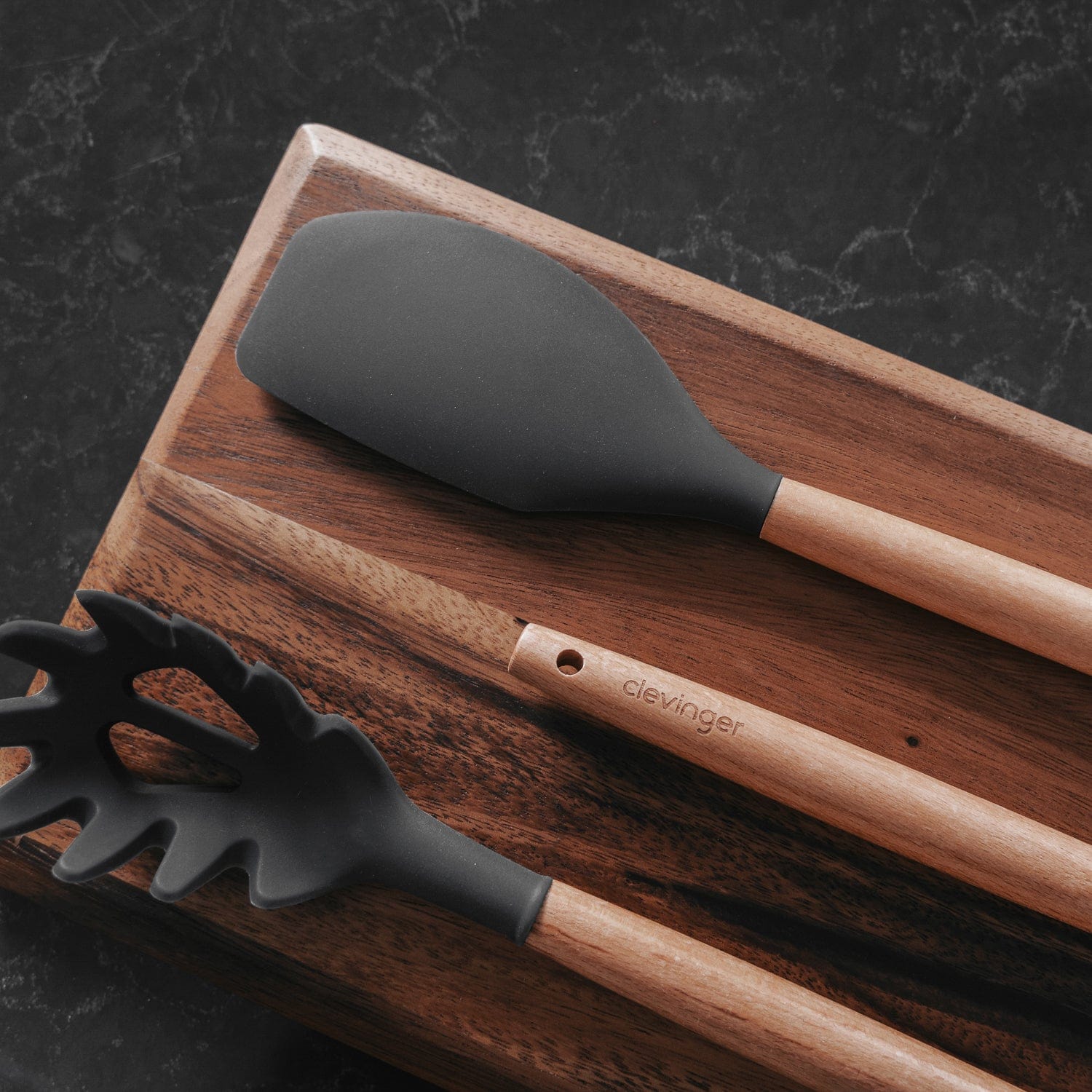 Clevinger cookware Beechwood & Silicone Kitchen Serving Utensils Set - Ladle/Pasta Server/Tongs/Slotted Spoon - Charcoal