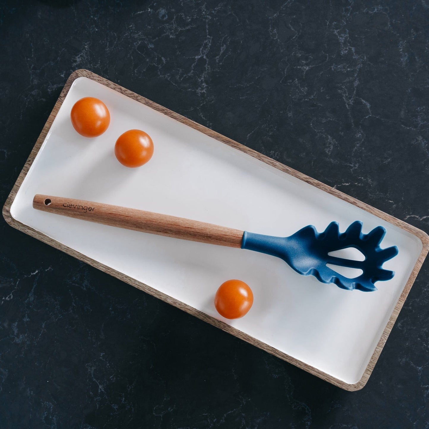 Clevinger Kitchen Beechwood & Silicone Kitchen Serving Utensils Set - Ladle/Pasta Server/Tongs/Slotted Spoon - Navy