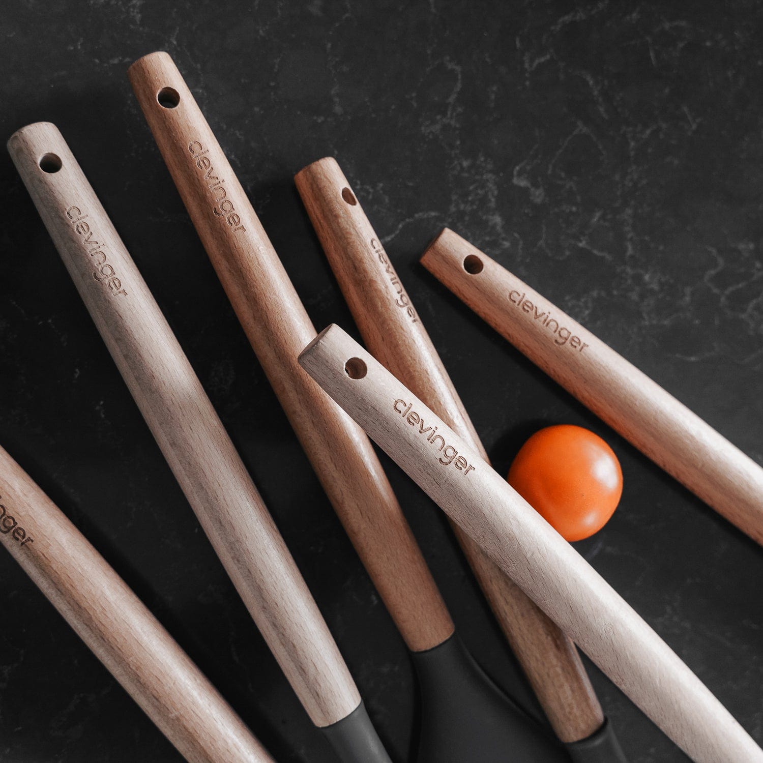 Clevinger Kitchen Beechwood & Silicone Kitchen Serving Utensils Set - Ladle/Pasta Server/Tongs/Slotted Spoon - Charcoal