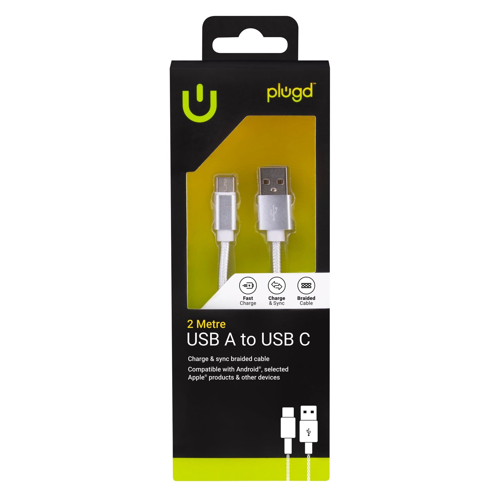 plugd charging cable lightning 2M USB A to USB C Braided Charge & Sync Cable