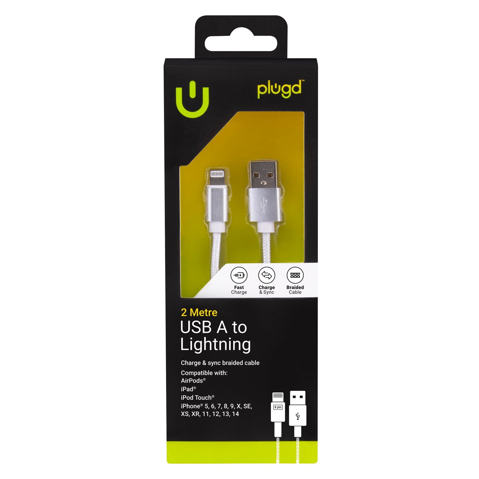 plugd charging cable lightning 2M USB A to Lightning Braided Charge & Sync Cable