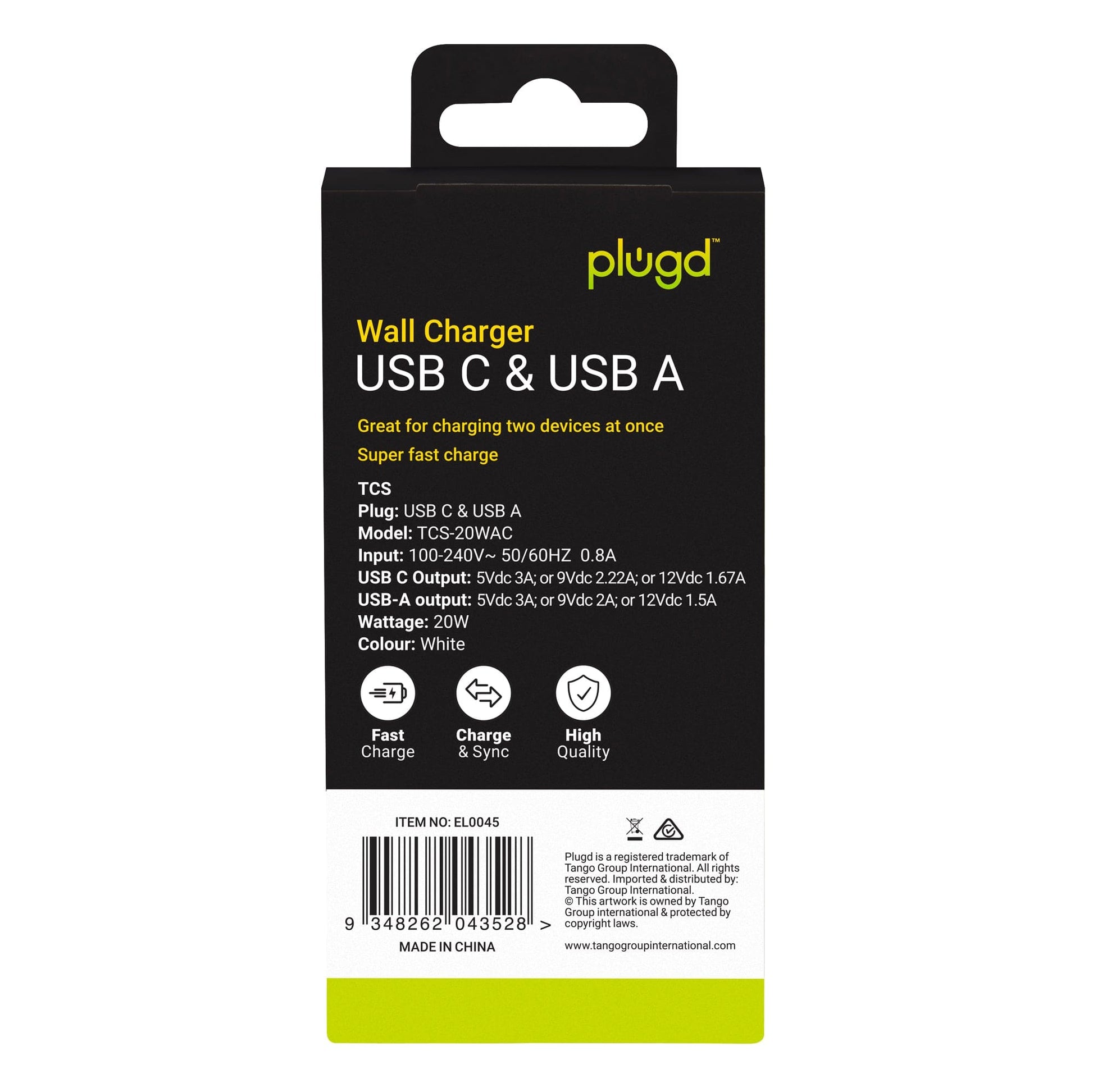 plugd wall charger 20W USB C & USB A Fast Charging Wall Charger + 1M USB C to USB C Cable
