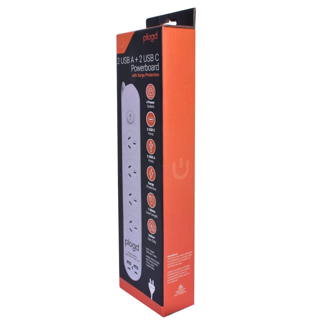 plugd powerboard Plugd 2 USB A + 2 USB C 240V 10A Powerboard with Surge Protection