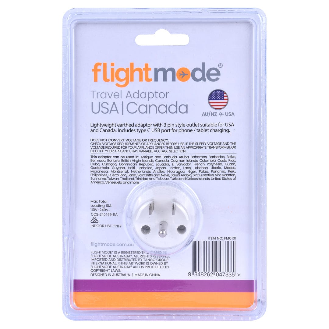 Flightmode travel adptor Flightmode Outbound AU/NZ to USA/CANADA Travel Adaptor with USB Type C & A