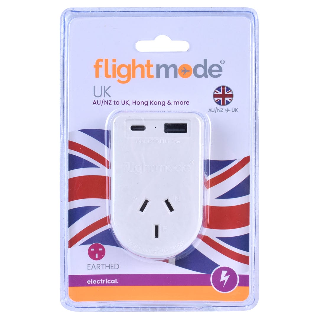 Flightmode travel adptor Flightmode Outbound AU/NZ to UK/HONG KONG Travel Adaptor with USB Type C & A