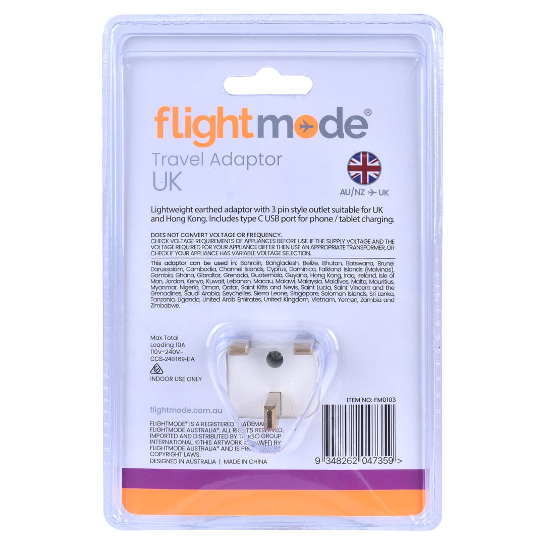 Flightmode travel adptor Flightmode Outbound AU/NZ to UK/HONG KONG Travel Adaptor with USB Type C & A