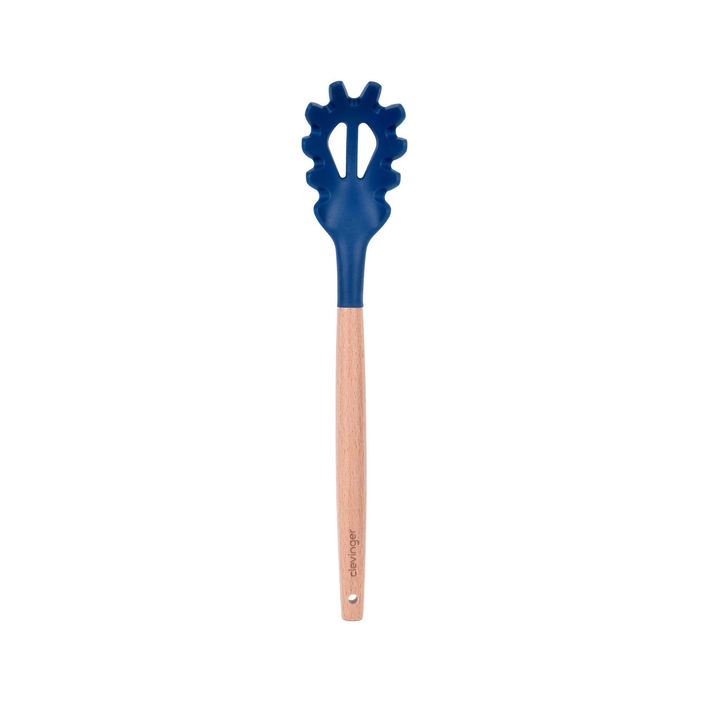 Clevinger Kitchen Beechwood & Silicone Kitchen Serving Utensils Set - Ladle/Pasta Server/Tongs/Slotted Spoon - Navy