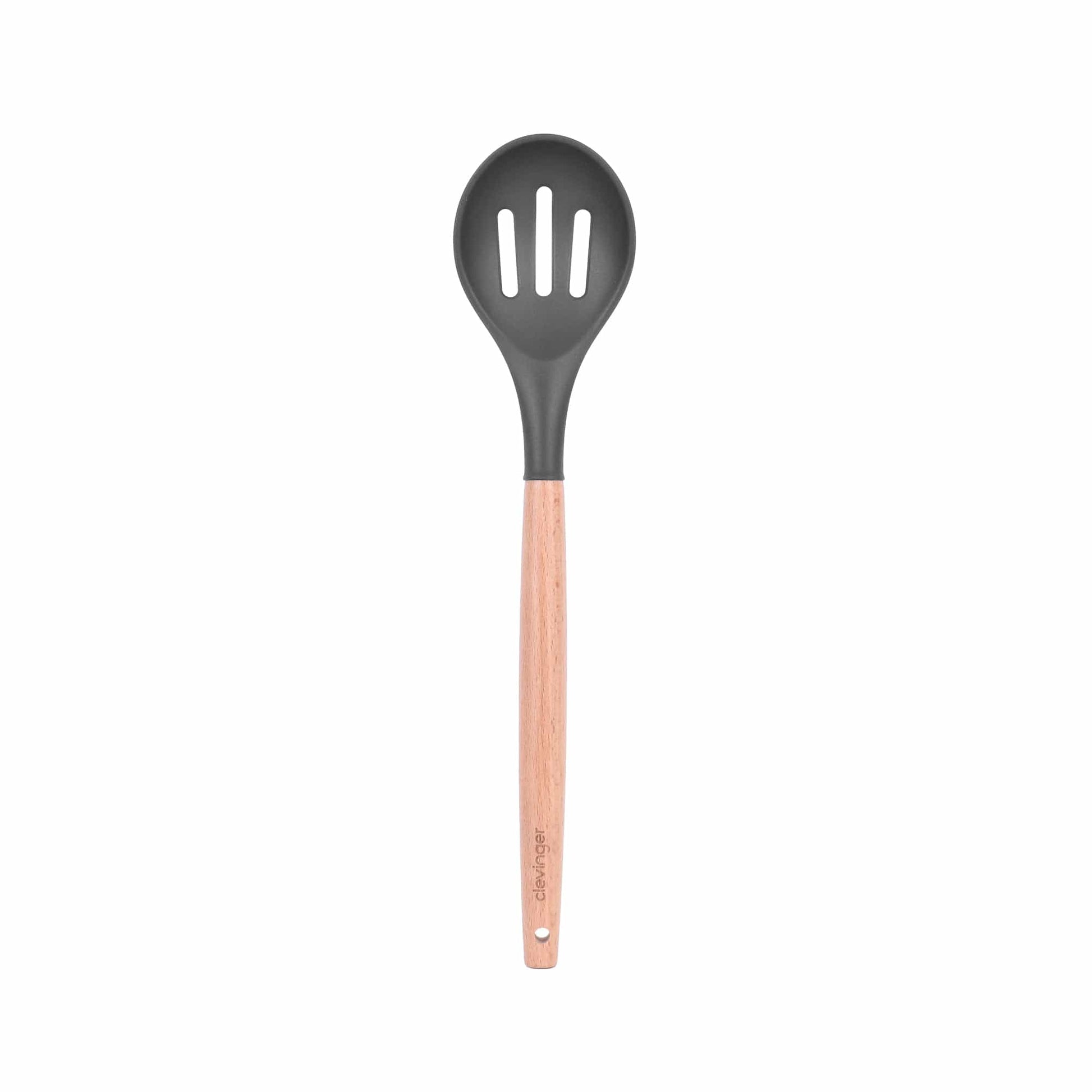 Clevinger Kitchen Beechwood & Silicone Kitchen Serving Utensils Set - Ladle/Pasta Server/Tongs/Slotted Spoon - Charcoal