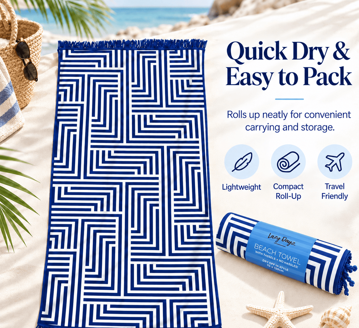 Lazy Dayz towel Rectangular Beach Towel with Tassel - Blue