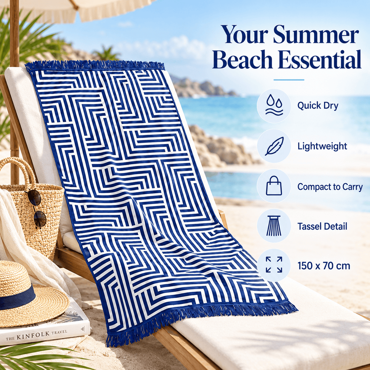 Lazy Dayz towel Rectangular Beach Towel with Tassel - Blue
