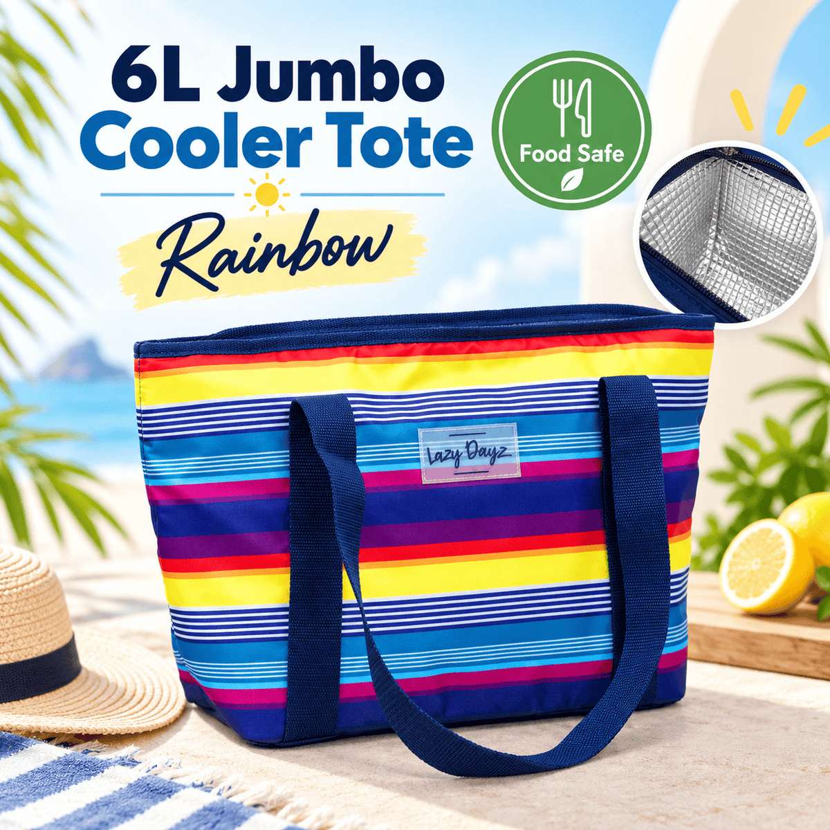 Lazy Dayz Lunch Box 6L Food Safe Insulated Jumbo Cooler Tote - Rainbow