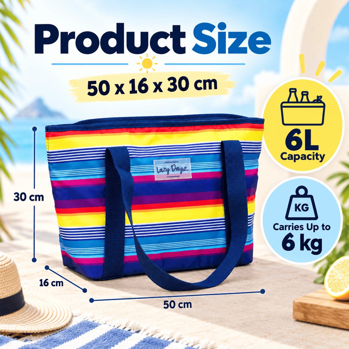 Lazy Dayz Lunch Box 6L Food Safe Insulated Jumbo Cooler Tote - Rainbow
