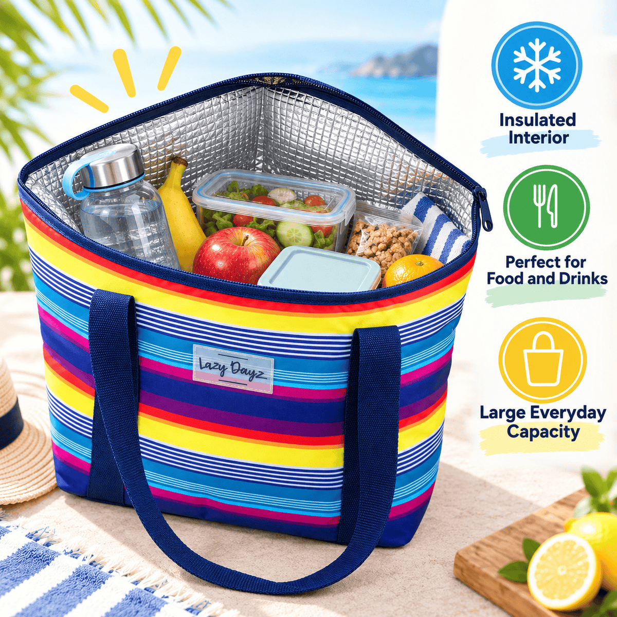 Lazy Dayz Lunch Box 6L Food Safe Insulated Jumbo Cooler Tote - Rainbow