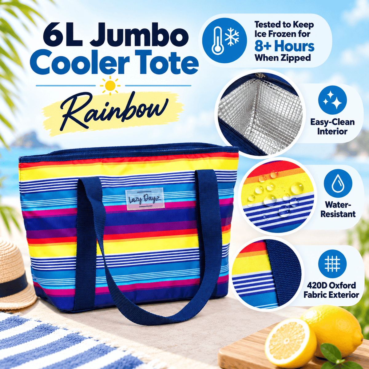 Lazy Dayz Lunch Box 6L Food Safe Insulated Jumbo Cooler Tote - Rainbow