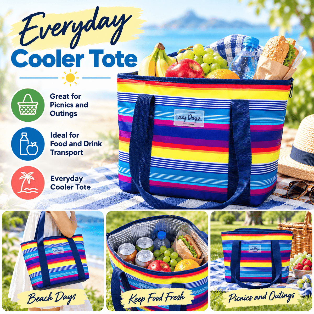 Lazy Dayz Lunch Box 6L Food Safe Insulated Jumbo Cooler Tote - Rainbow