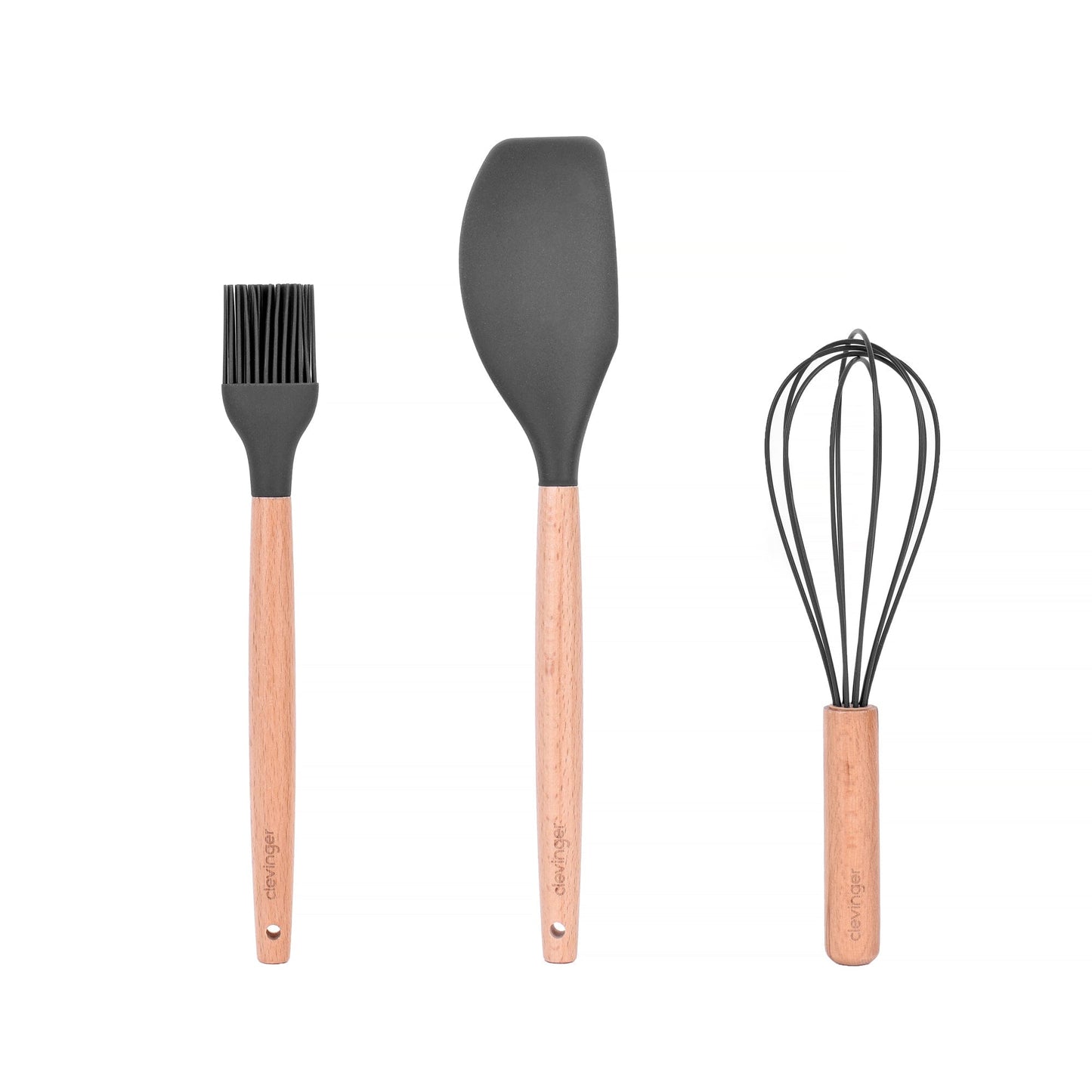 Clevinger Kitchen Beechwood & Silicone Kitchen Baking Utensils Set - Spatula/Whisk/Basting Brush - Charcoal