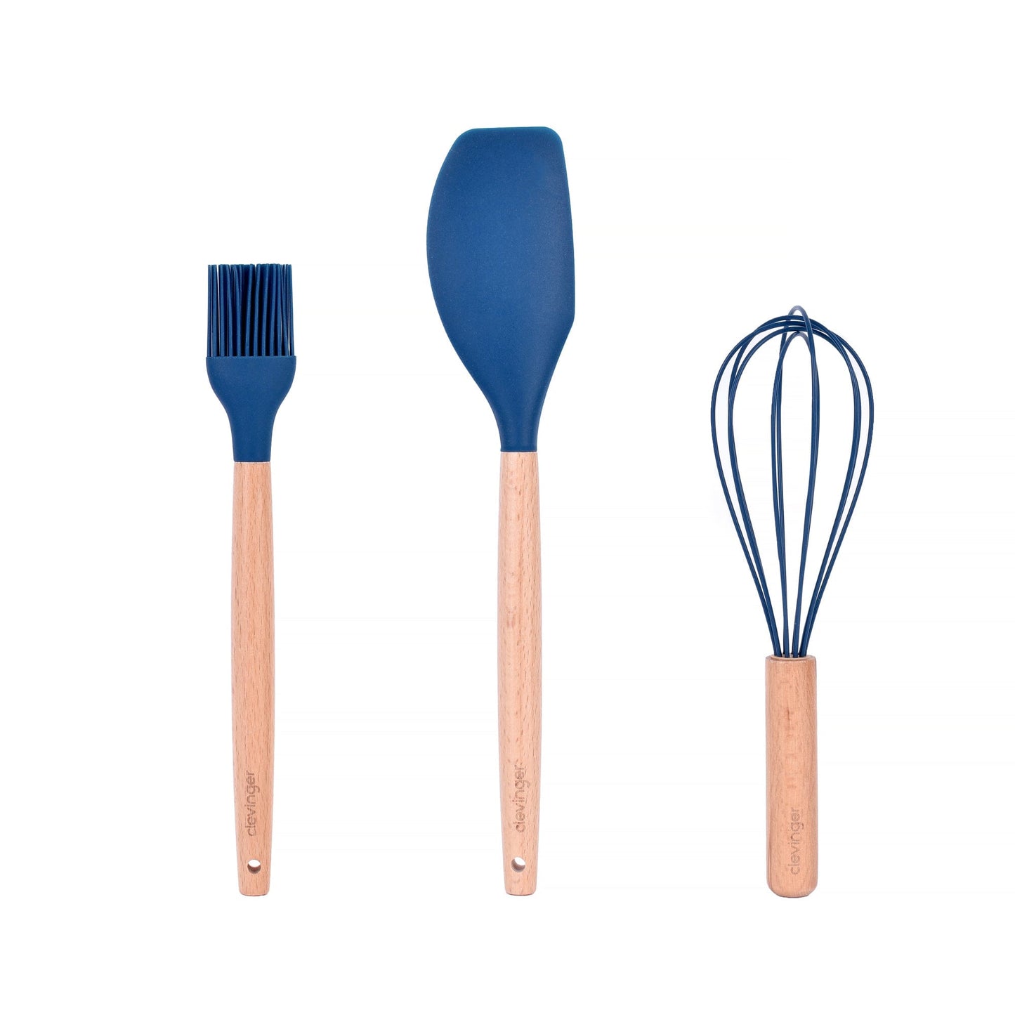 Clevinger Kitchen Beechwood & Silicone Kitchen Baking Utensils Set - Spatula/Whisk/Basting Brush - Navy