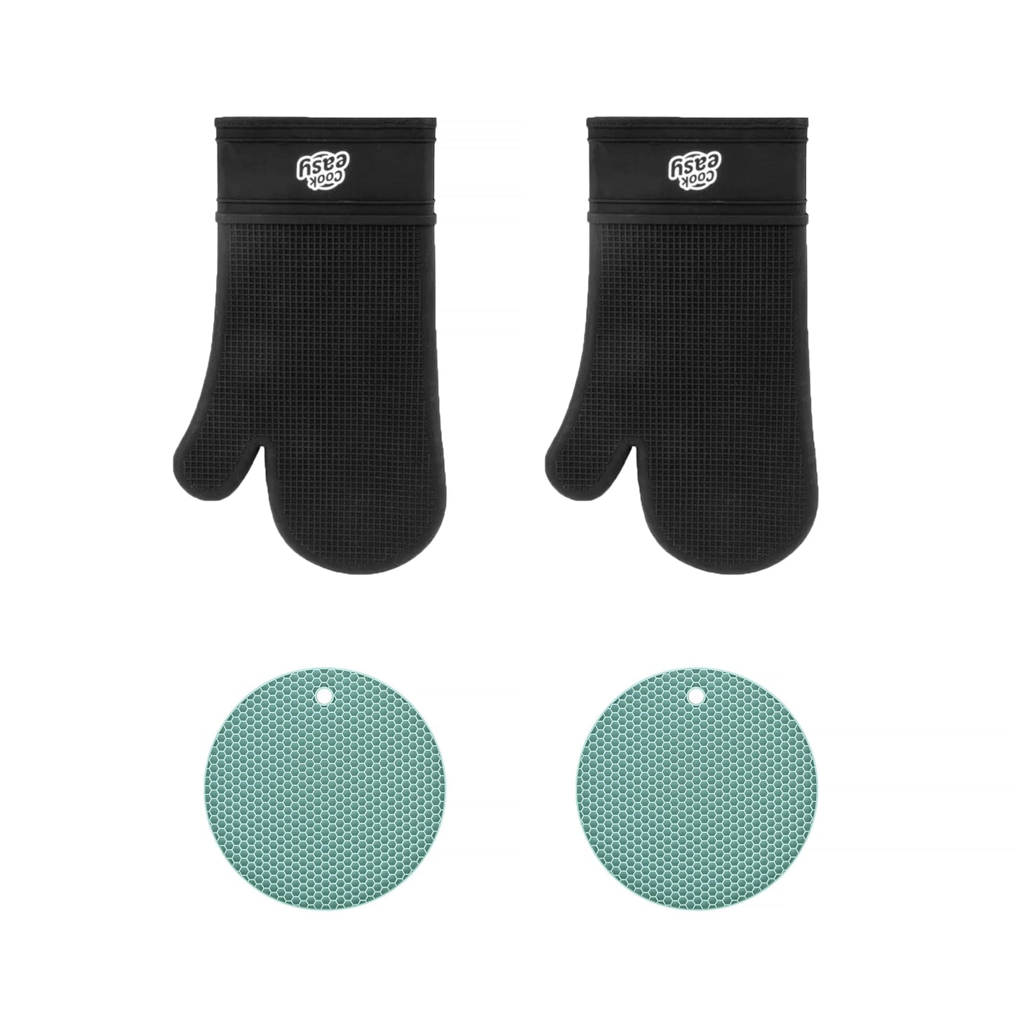 COOK EASY 4 pk Silicone Oven Mitt and Multi Purpose Kitchen Heat Pad Insulation Mat